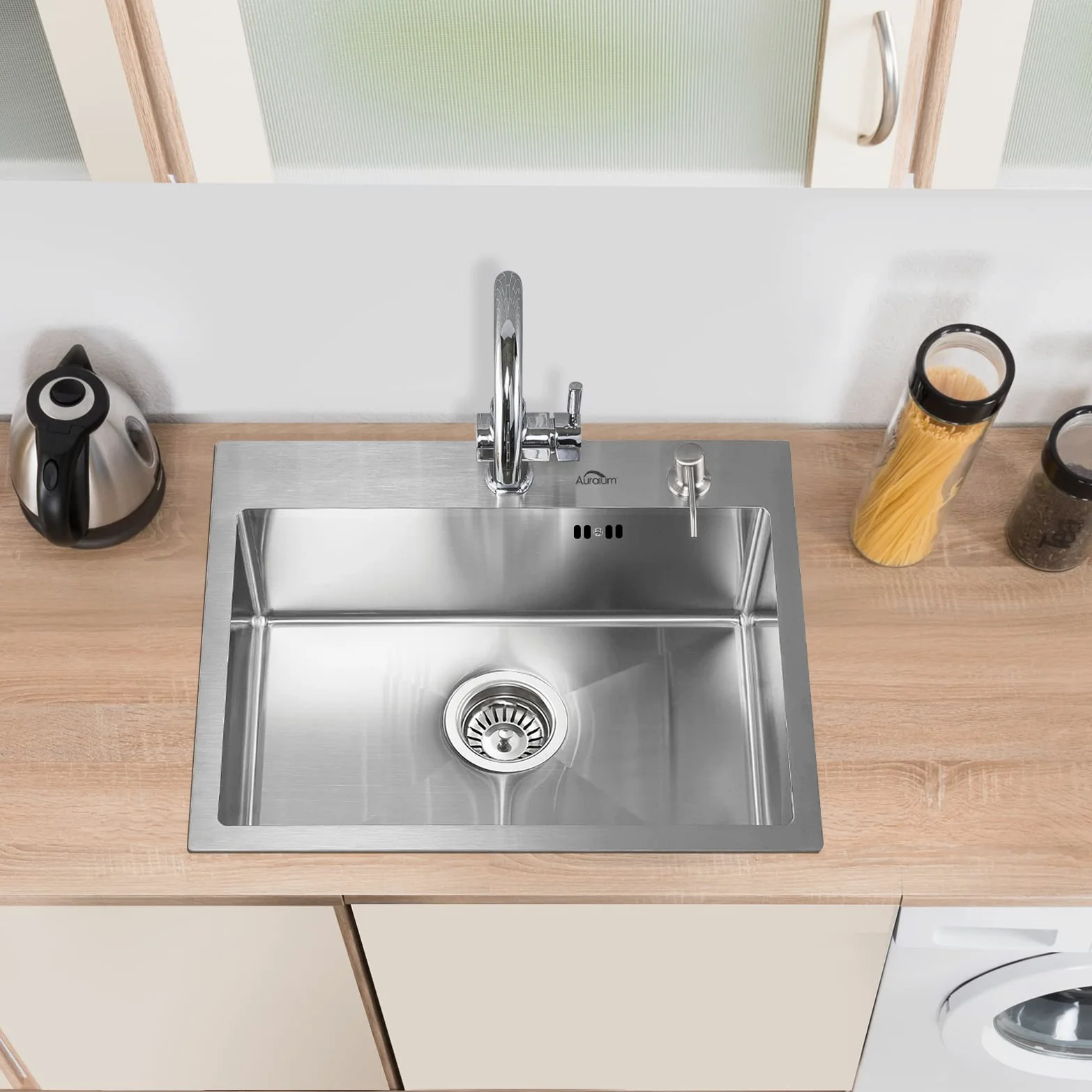 Auralum Lavello da cucina 55 x 45 cm, lavello in acciaio inox con erogatore di sapone e sifone, lavello cucina 1 vassoio con foro per rubinetto, lavello cucina vasca singola in acciaio inossidabile