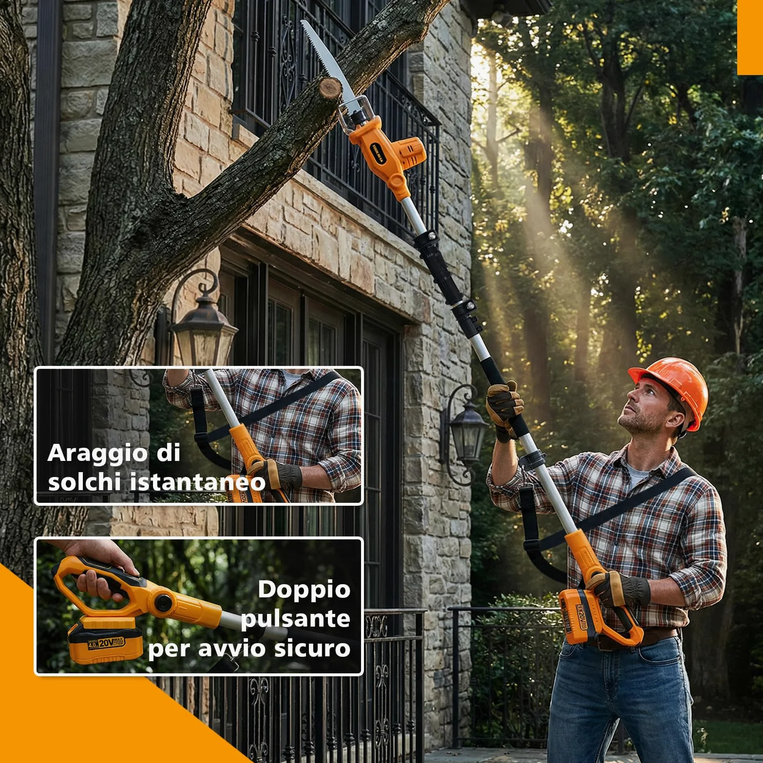 TOOLMAK Motosega a Batteria 20V 4,0Ah con Asta Telescopica 3m da Giardino | Sega Elettrica per Alberi e Rami, Lama 210 mm, seghetto per potatura(1 Batteria)