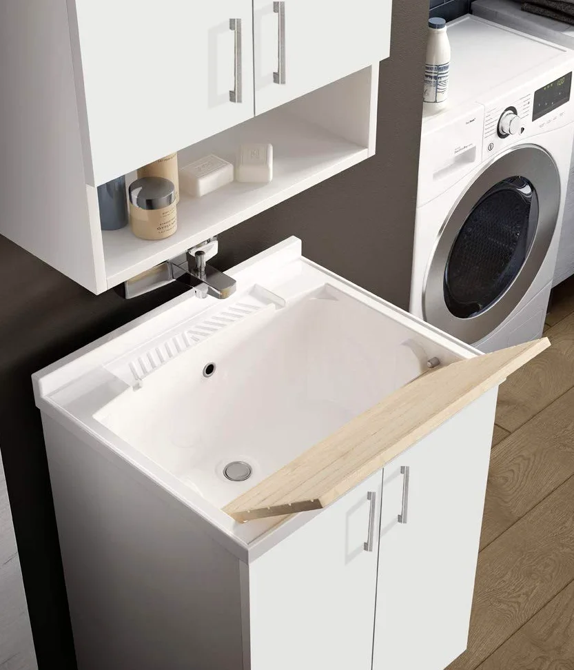 MaMa Store ATENALAV Mobile Lavatoio-Lavapanni Bianco in Metacrilato con ASSE in Legno e gocciolatoio in Alluminio, L.60 x P.50 X H. 86.5 cm