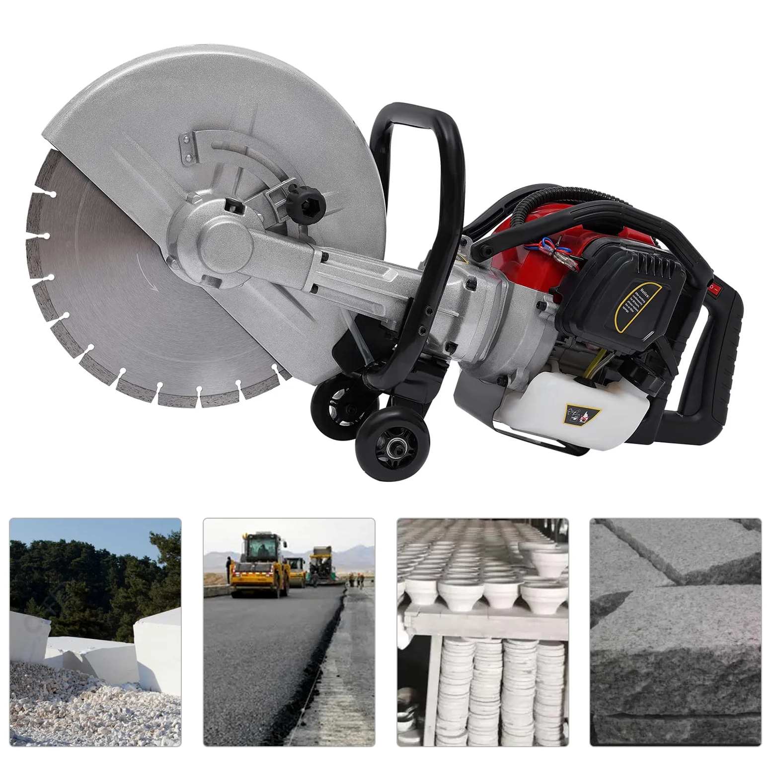 Taglierina per calcestruzzo a benzina da 350 mm, taglierina separatrice da 1,4 KW con 1800 giri/min, sega da taglio a umido con alimentazione d'acqua e ruote, 52 CC taglierina per pietra e asfalto per