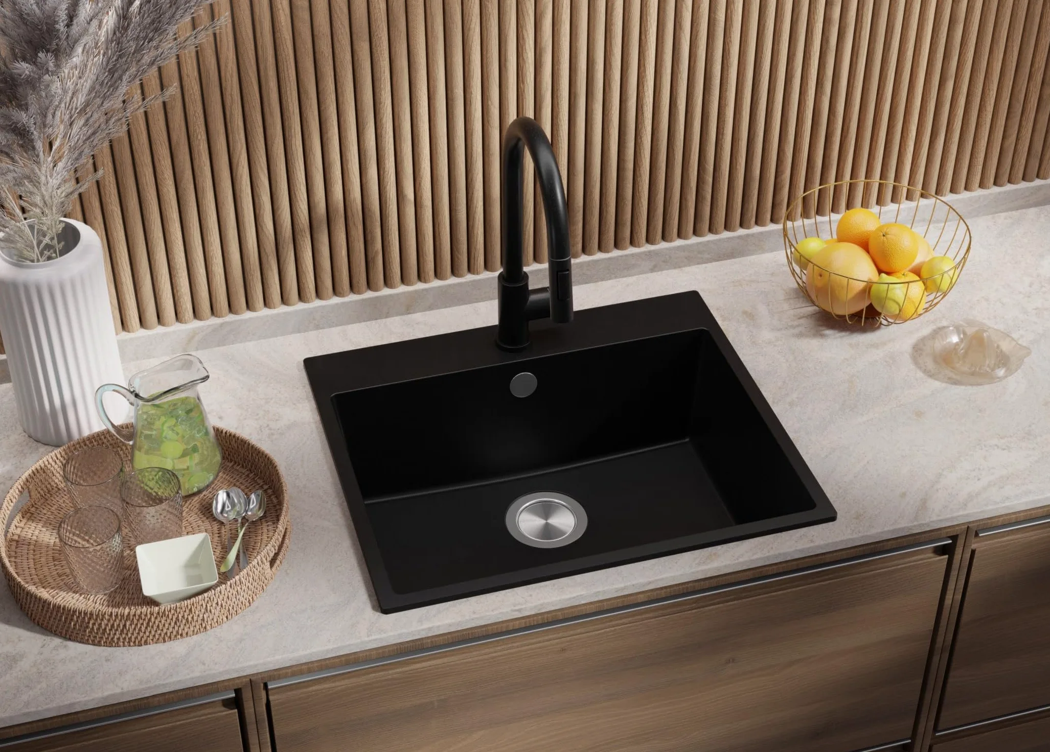 PRIMAGRAN Lavandino da Cucina Tutto Nero 58x50cm, Lavello in Granito a 1 vasca + Rubinetto 40x20cm + Set di accessori, Lavabo da Cucina Incasso al Mobile 60cm - Riga S393