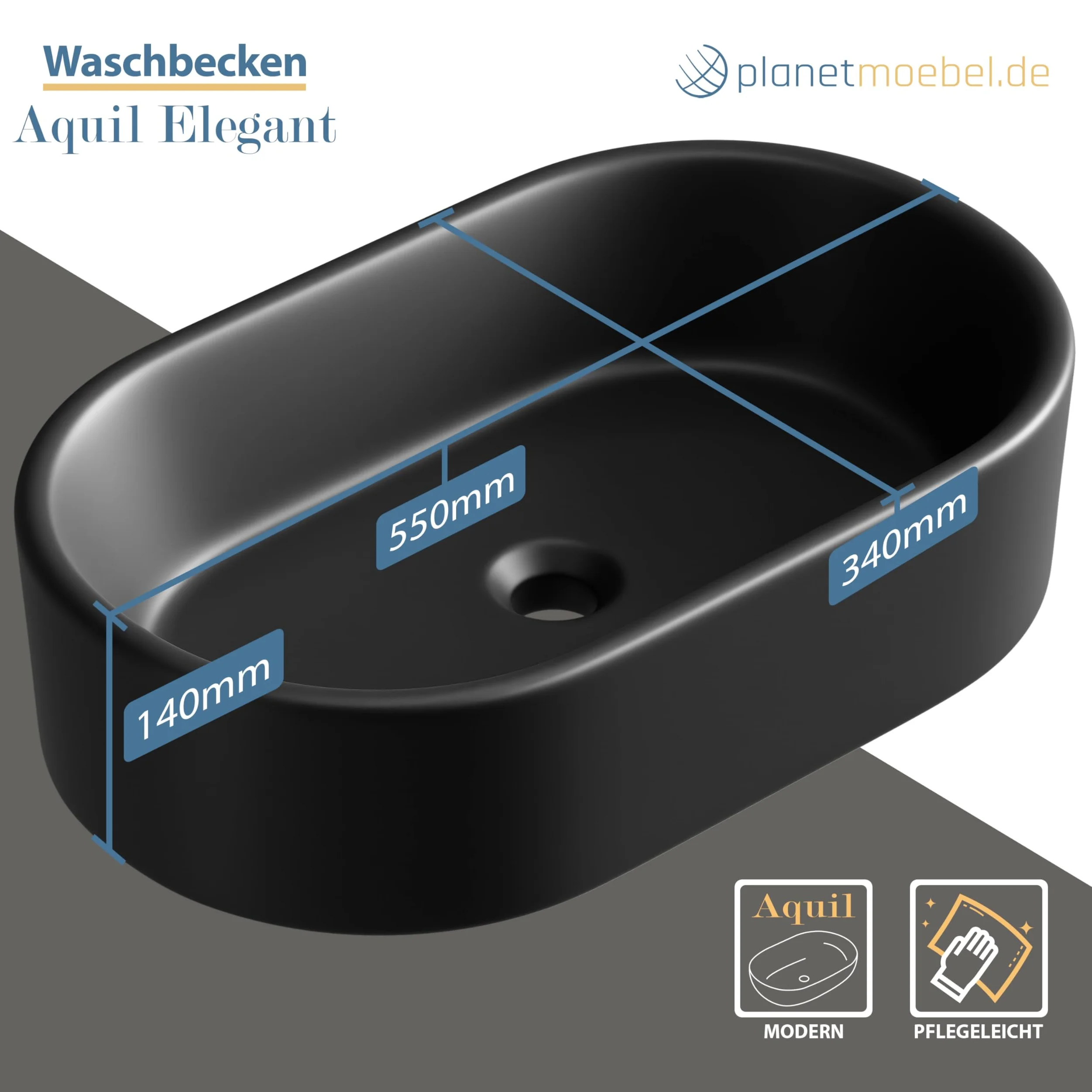 Planetmöbel Aquil Elegante lavabo ovale | Lavabo da appoggio per bagno e WC degli ospiti | Lavabo a mano senza foro per rubinetto e troppopieno, nero, 55 x 34 x 14 cm