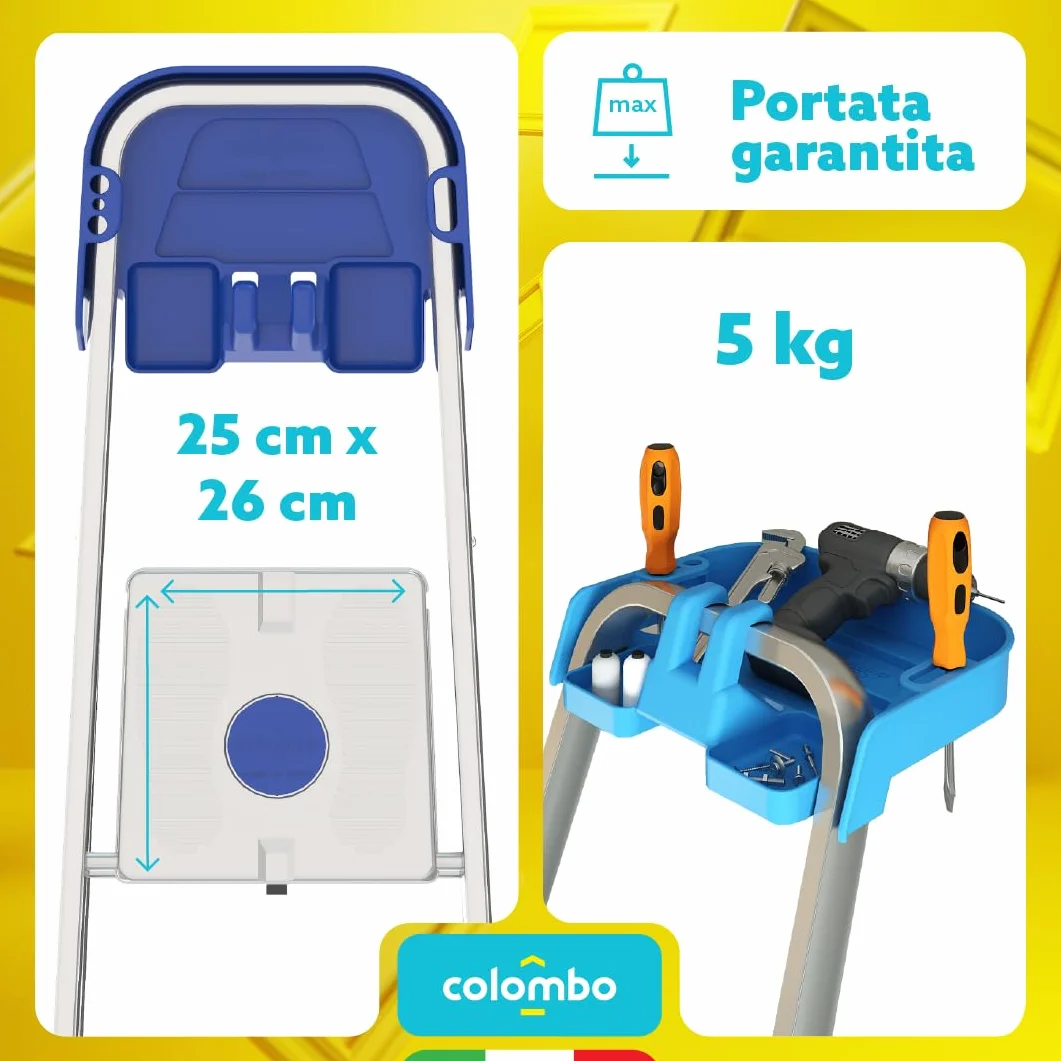 Colombo Scala Alluminio Atlantica 3/4/5/6/7/8 Gradini | Scala 6 Gradini Extra Large 12cm con Piattaforma Antiscivolo e Vaschetta Portautensili | Conforme EN131 TÜV-GS | Portata 150kg | Made in Italy