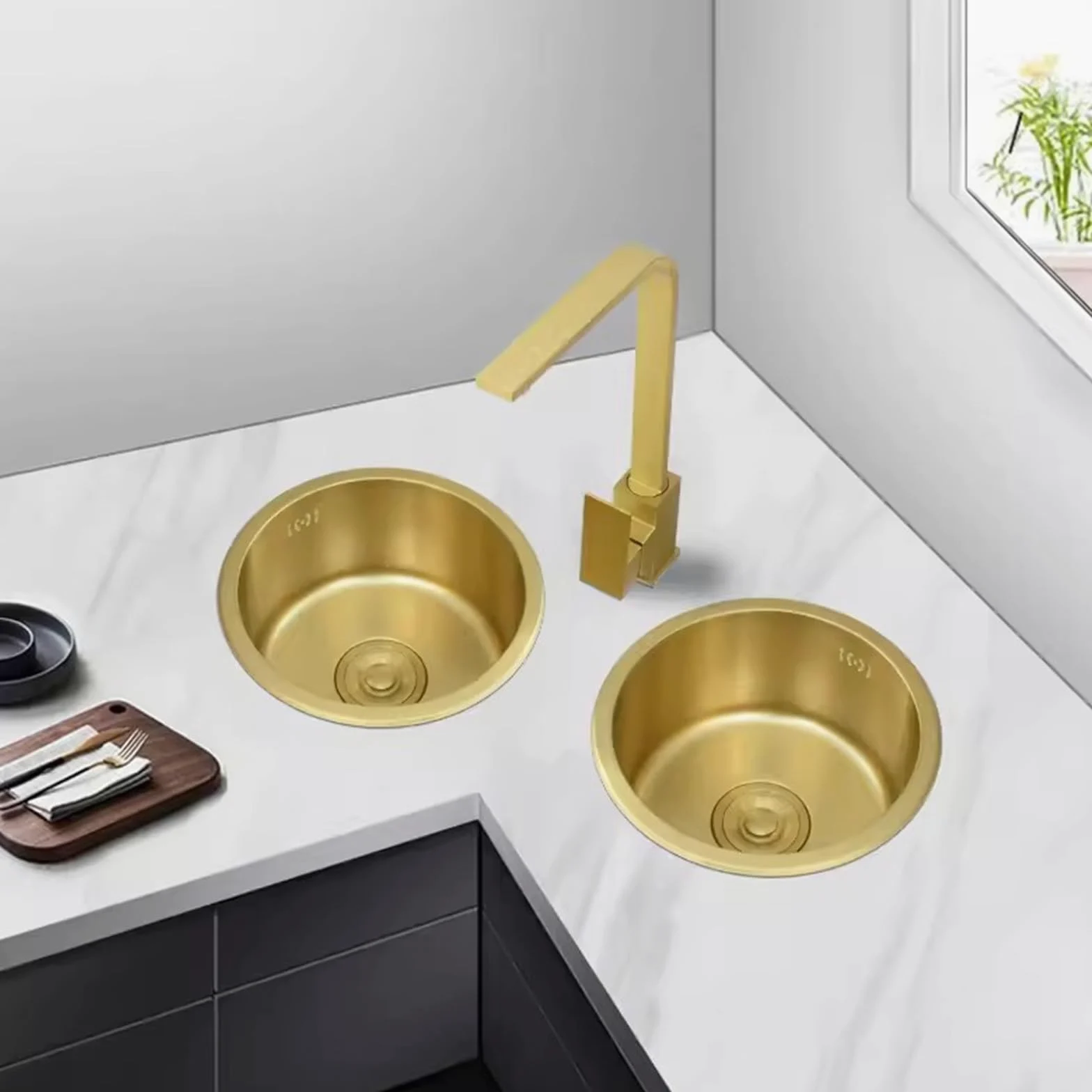 Lavello Tondo Da Cucina Lavello Oro Lavello Piccolo Acciaio Inox 304 Lavello Sottopiano Rubinetto Oro Accessori Completi (40CM)