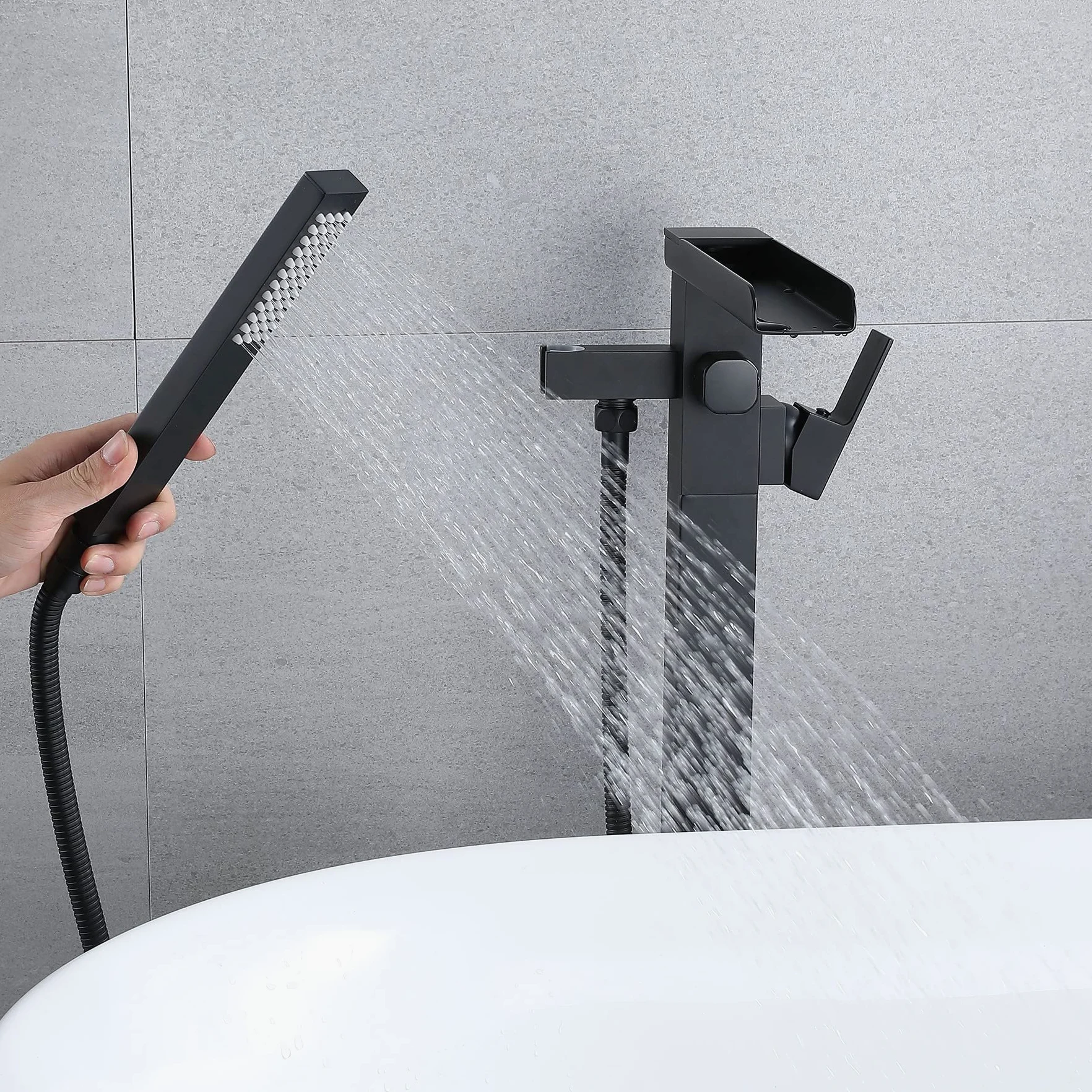 Rubinetto Per Vasca Pavimento In Piedi Da Bagno Con Beccuccio A Cascata E Spruzzatore A Mano,Freestanding Rubinetti Per Vasca, Nero（collegamento interno）