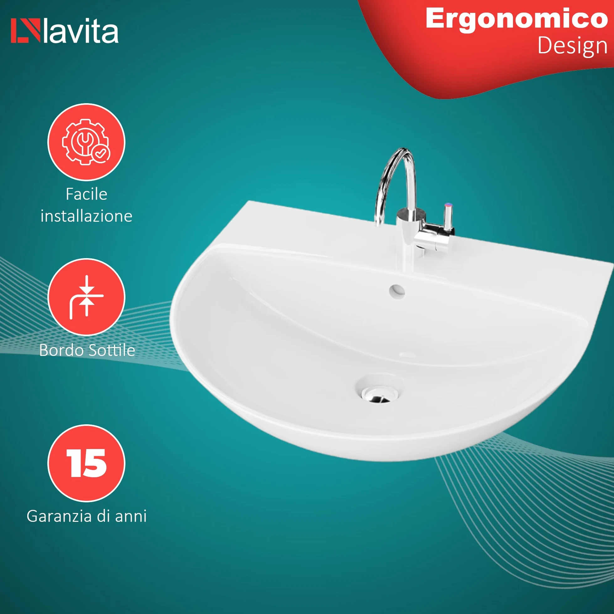 LAVITA Lavabo sospeso Corel, lavabo sospeso, lavabo rotondo, lavabo con troppopieno e foro per rubinetto, ceramica di alta qualità, bagno, 56 x 47 x 19 cm, bianco lucido