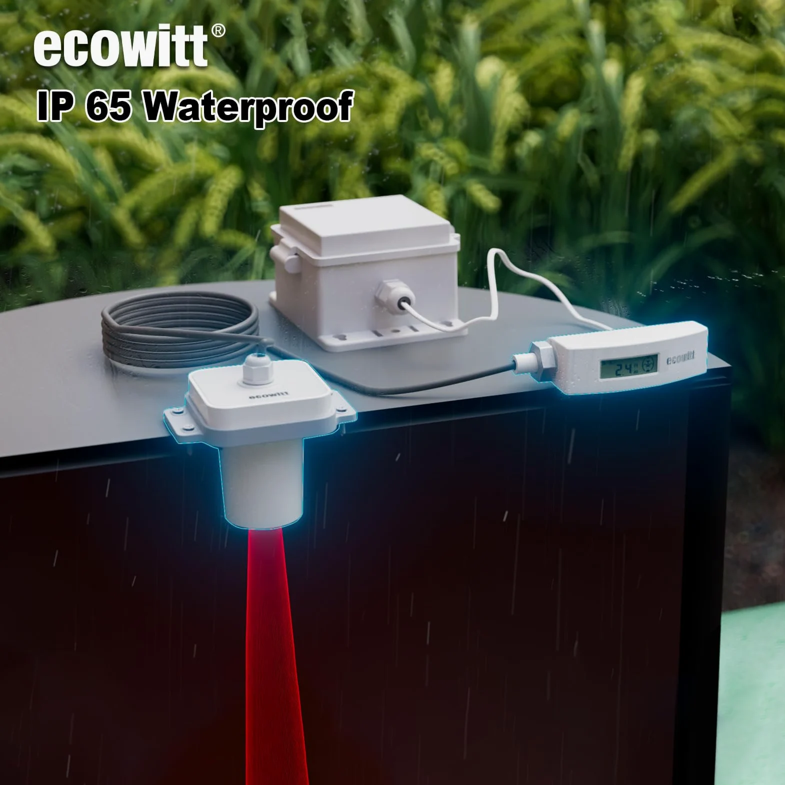 ECOWITT LDS01 Misuratore di distanza laser, dispositivo di misura laser da 4 m con cavo da 1,5 m, strumento di misura laser da esterno per livello dell'acqua/neve/profondità dell'olio con display LCD
