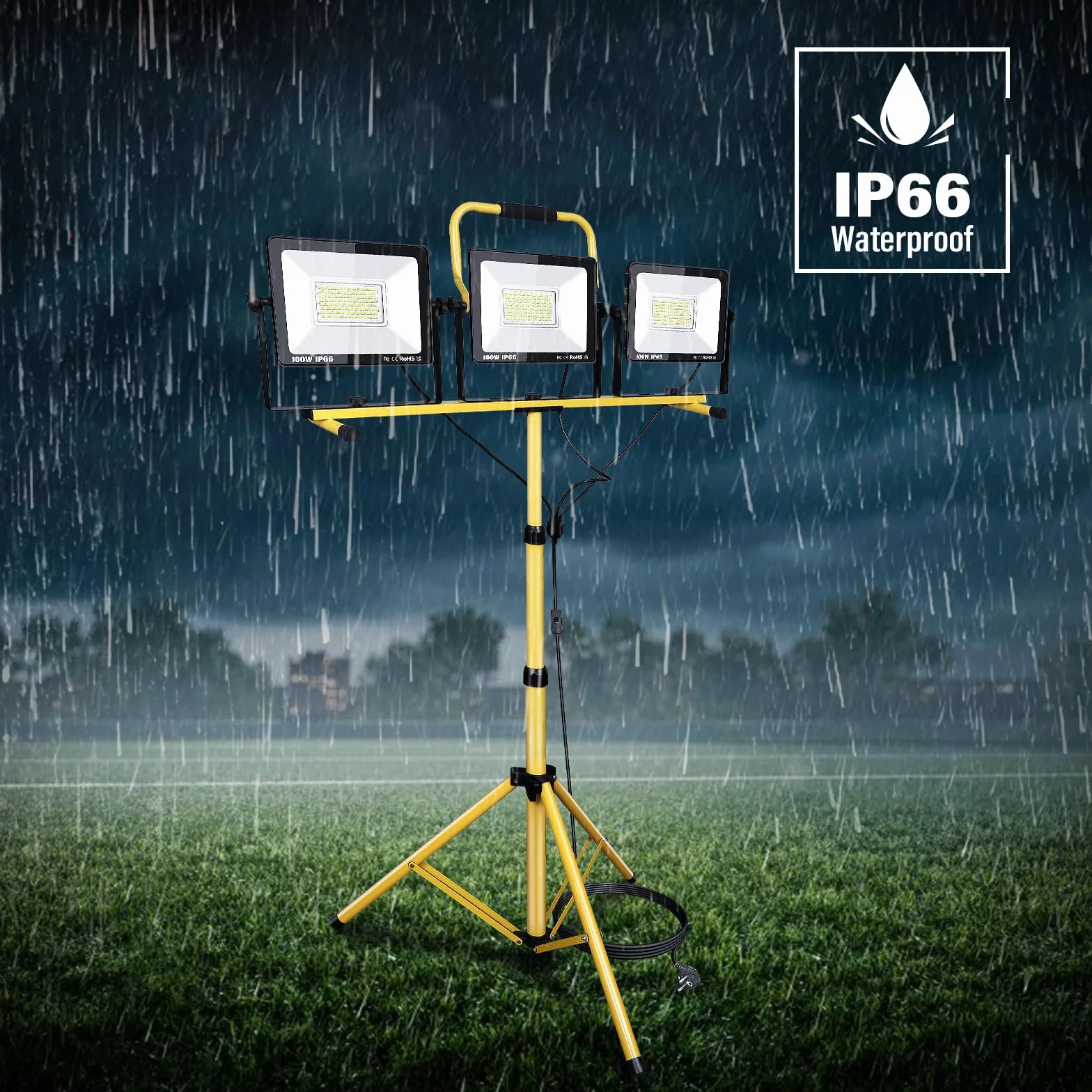 3 x 100W LED Faretto da cantiere con treppiede, 30000LM 175V a 265V IP66 Impermeabile Lampada da lavoro a LED per interni ed esterni con cavo da 5 m per officina, garage, cantiere, seminterrato