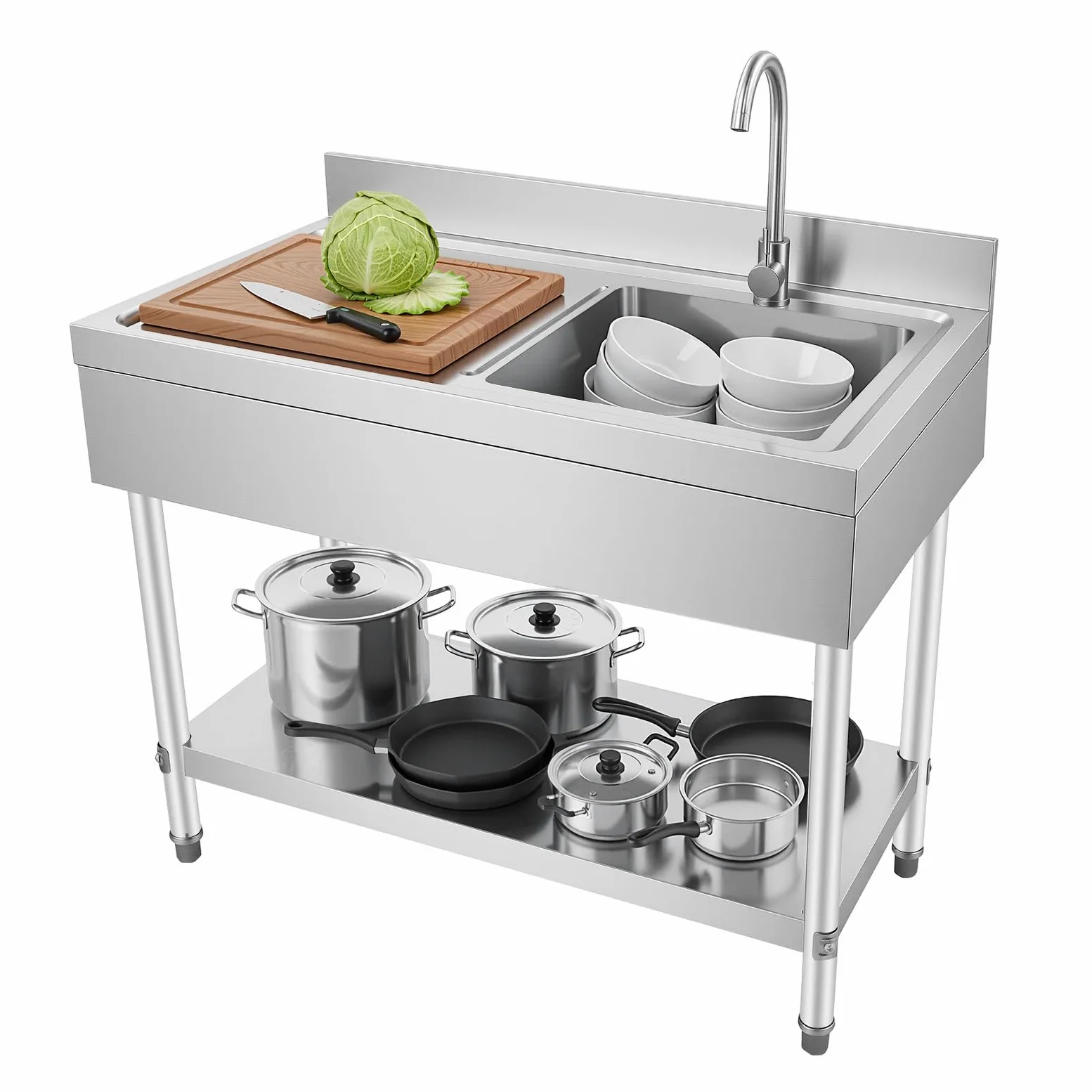 Lavelli da cucina commerciali 100 x 60 x 80 cm, in acciaio inox con capacità di carico 300 kg. Lavello in acciaio inox spazzolato con 1 vasca (a destra) con rubinetto, tubo di scarico, filtro per
