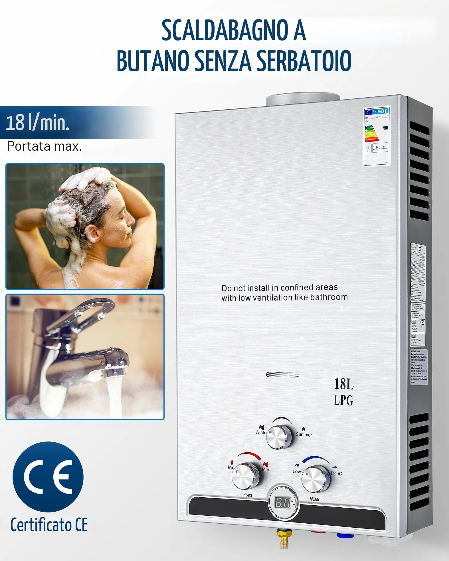 CO-Z 18L/min Scaldabagno a Gas GPL con Modalità Inverno ed Estate 30.6 kW Caldaia a Gas GPL a Parete senza Serbatoio Scaldabagno a Gas Butano con Anima in Rame e Display a LED