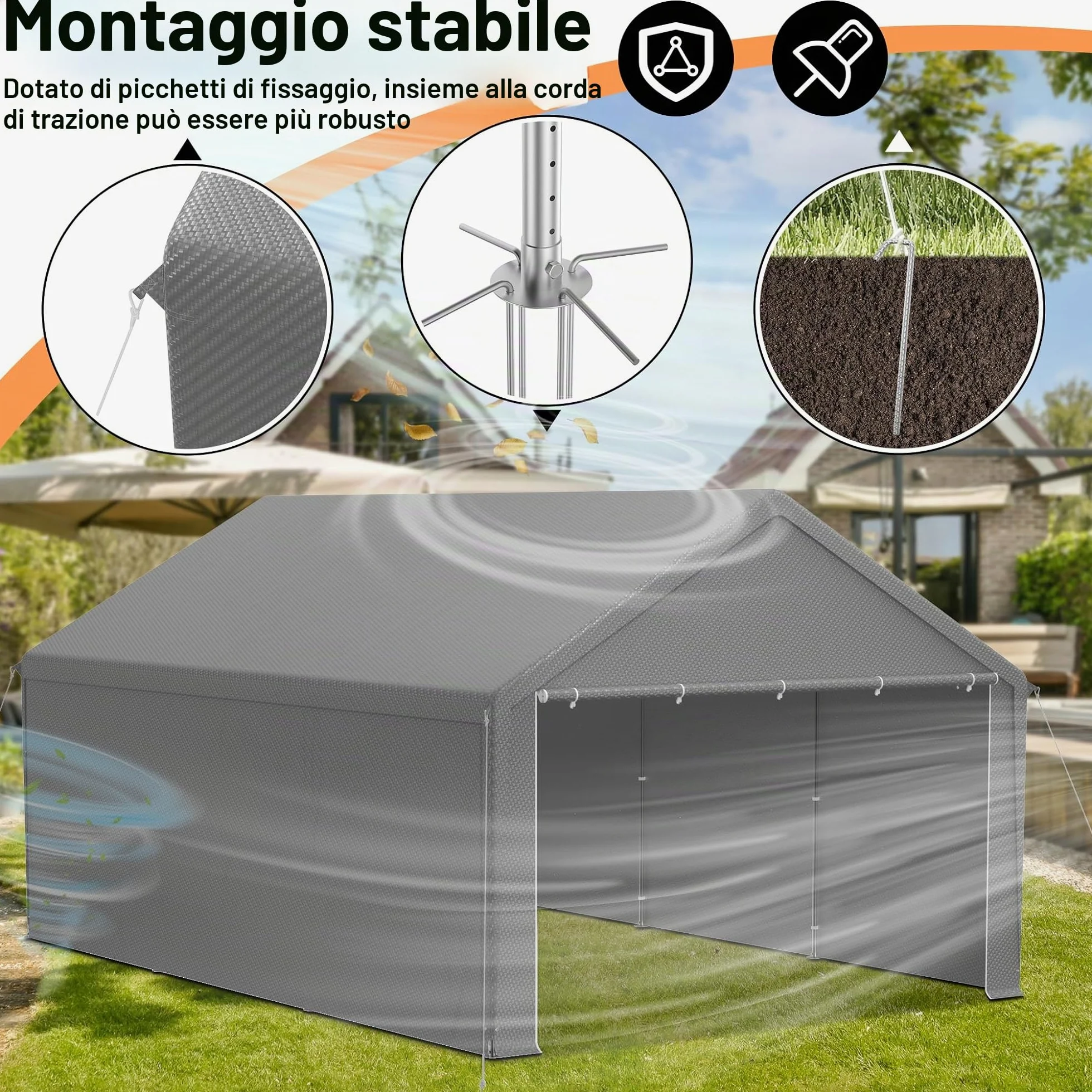 UISEBRT Tenda da magazzino, 4 x 6 m, impermeabile, con robusto telone in PE e telaio in acciaio, ideale come garage per attrezzi, attrezzi da giardino, pallet (grigio)