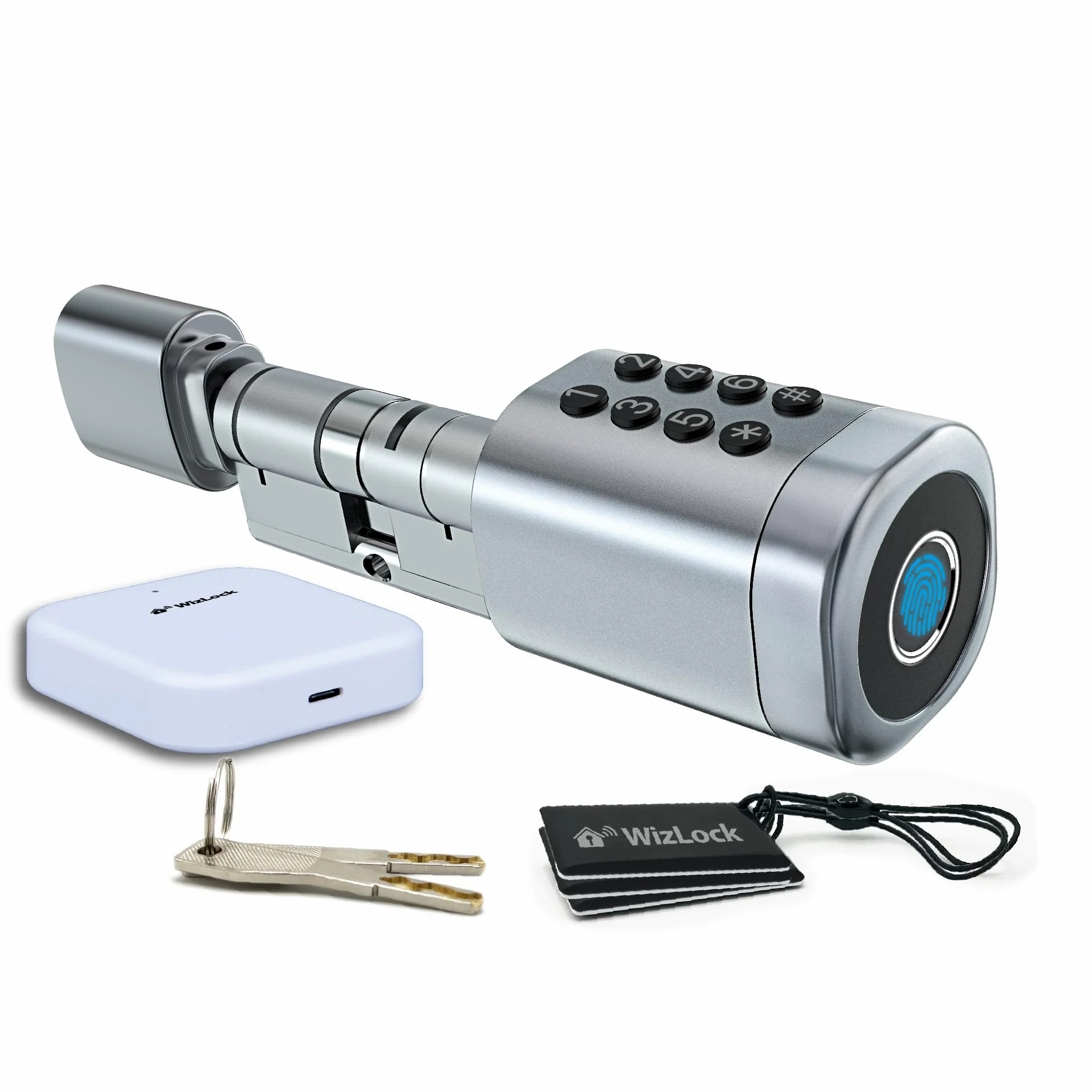 WizElek – Cilindro serratura smart Tuya Bluetooth, gateway Bluetooth/Wi-Fi incluso, lega di alluminio effetto inox argento – Accesso: codice, badge RFID (4), impronta, app, chiave (2)