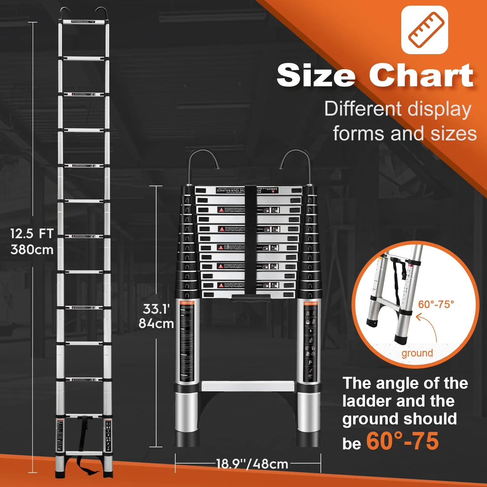 HBTower Scala telescopica da 3,8 metri con ganci e piedini antiscivolo, leggera scala pieghevole in alluminio per soppalchi, camper, esterni ed interni, capacità di 150 kg.Argentato