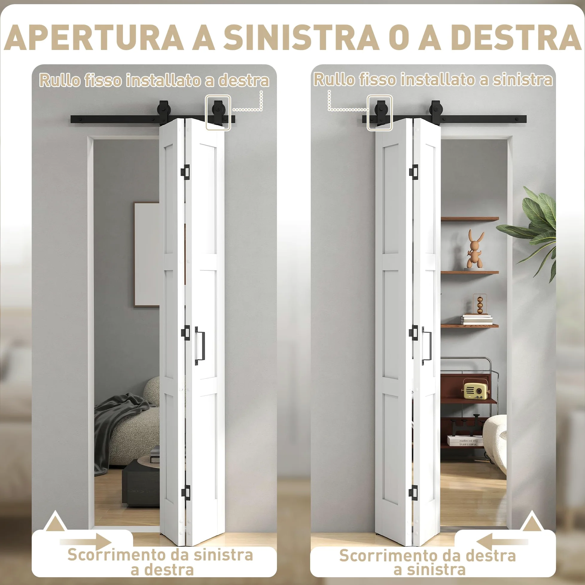 HOMCOM Porta Scorrevole Bi-fold Muro 71.2x213.4cm, Binario Silenzioso Acciaio, Maniglia, Guida, Ruote, Porta da Interno Stile Rustica, in MDF e Legno Pino, Impermeabile, per Cucina, Bagno