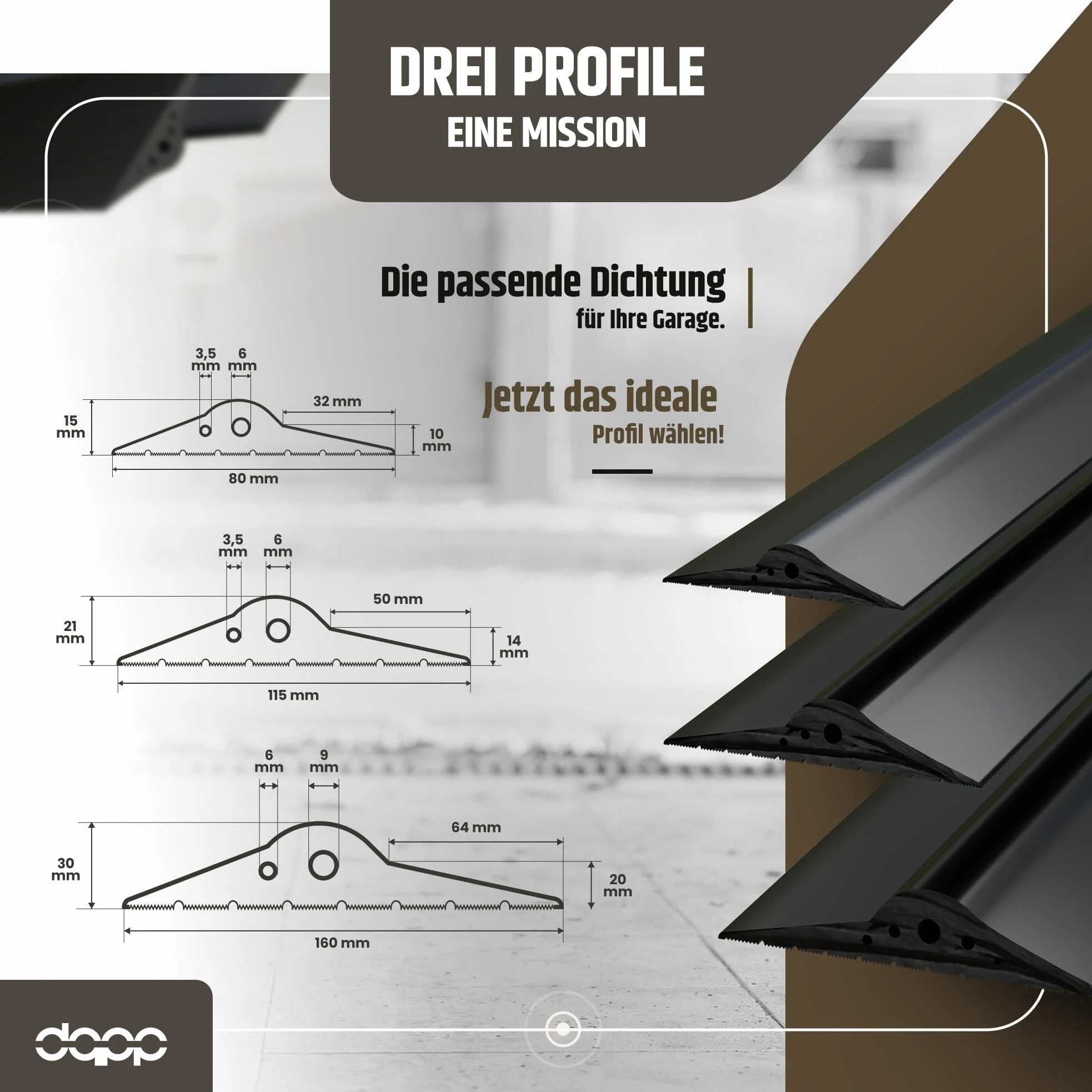 Dq-pp | Guarnizione Soglia Garage | 2,5m | 30mm x 160mm | con colla per installazione | nero | Sigillatura per pavimenti | Soglia in gomma EPDM | 3cm x 16cm