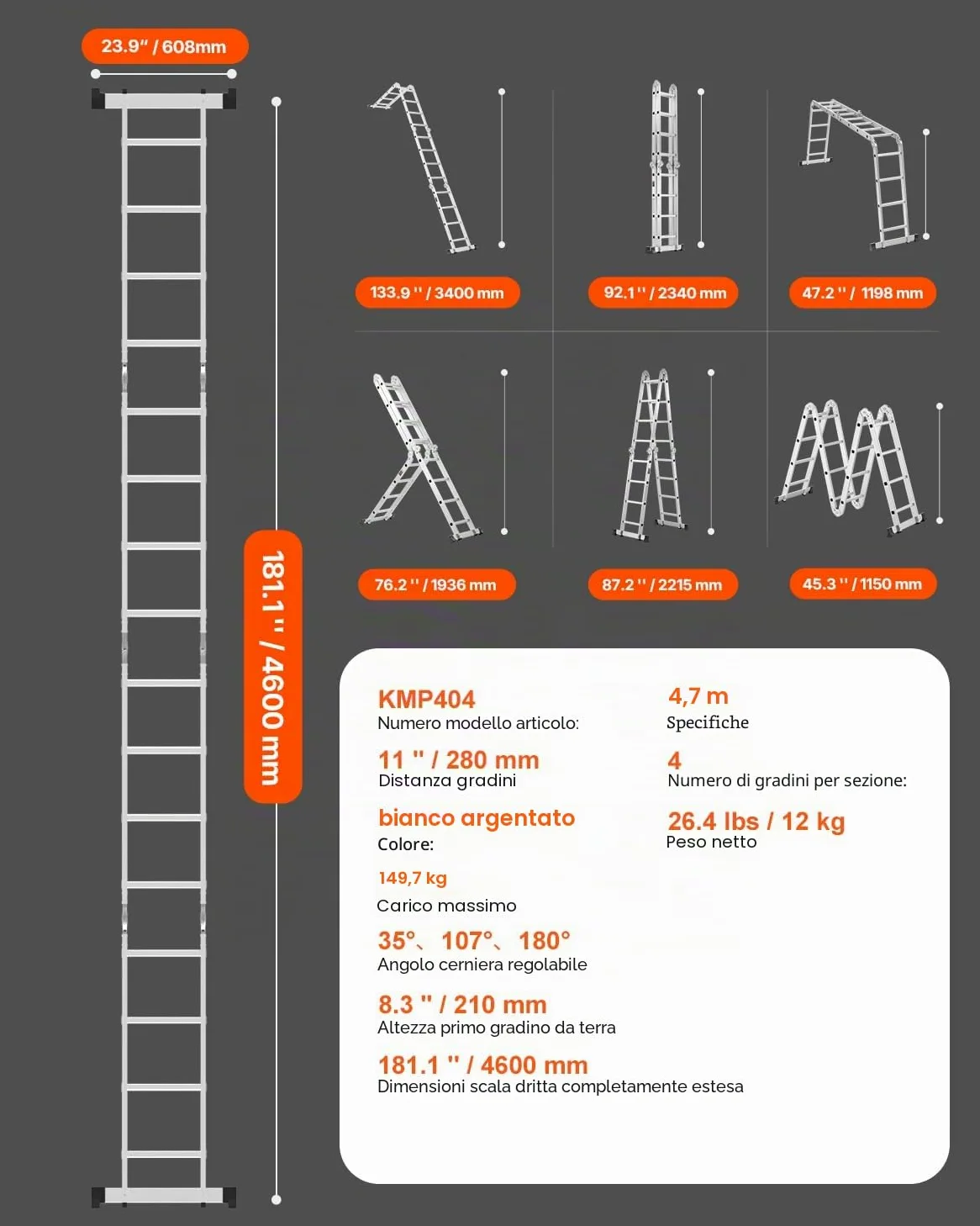 VEVOR Scala Pieghevole Multiuso, Scala Telescopica Regolabile 4 Gradini con Struttura ad A, Scala Estensibile per Impieghi Gravosi con Altezza 4,7 m Capacità 149,7 kg per Lavori Domestici all'Aperto