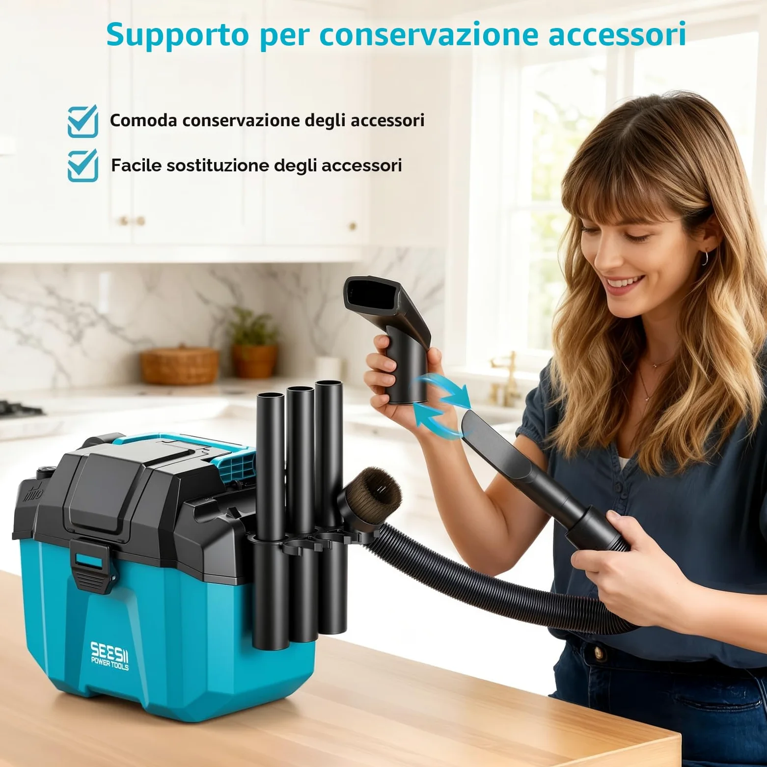 Seesii Aspiratutto Solidi e Liquidi, 2x4000mAh Batterie, 10L Aspirapolvere Bidone, 2 Velocità, Tracolla, 4 Ruote e Accessori, Ideale per Auto/Cantiere/Esterno/Casa (Blu)