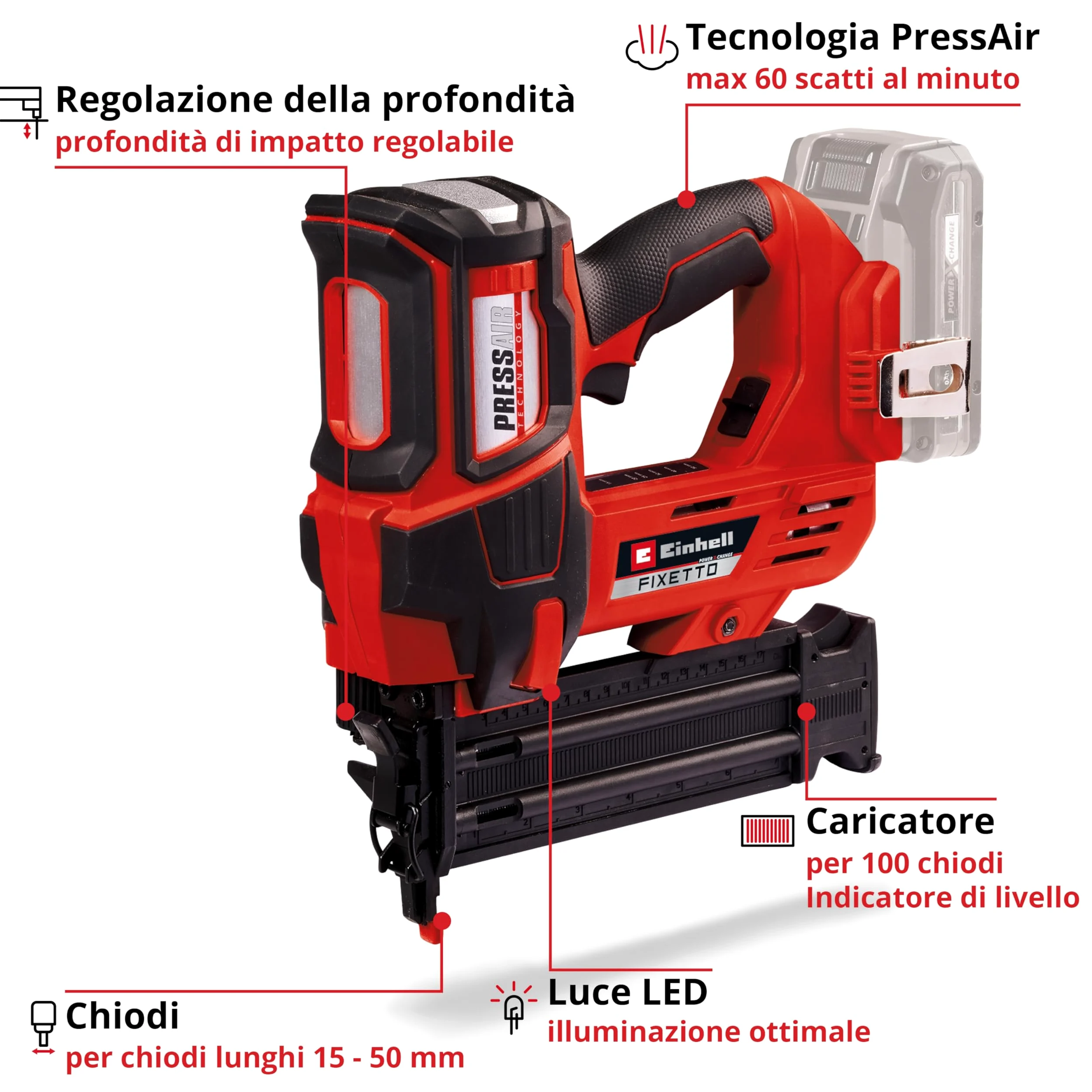 Chiodatrice a batteria FIXETTO 18/50 N Power X-Change Einhell (18 V, 60 colpi/min, mass. 50 mm di lungh. del chiodo, regol. profondità, colpo singolo/serie di colpi, incl. 500 chiodi, senza batteria)