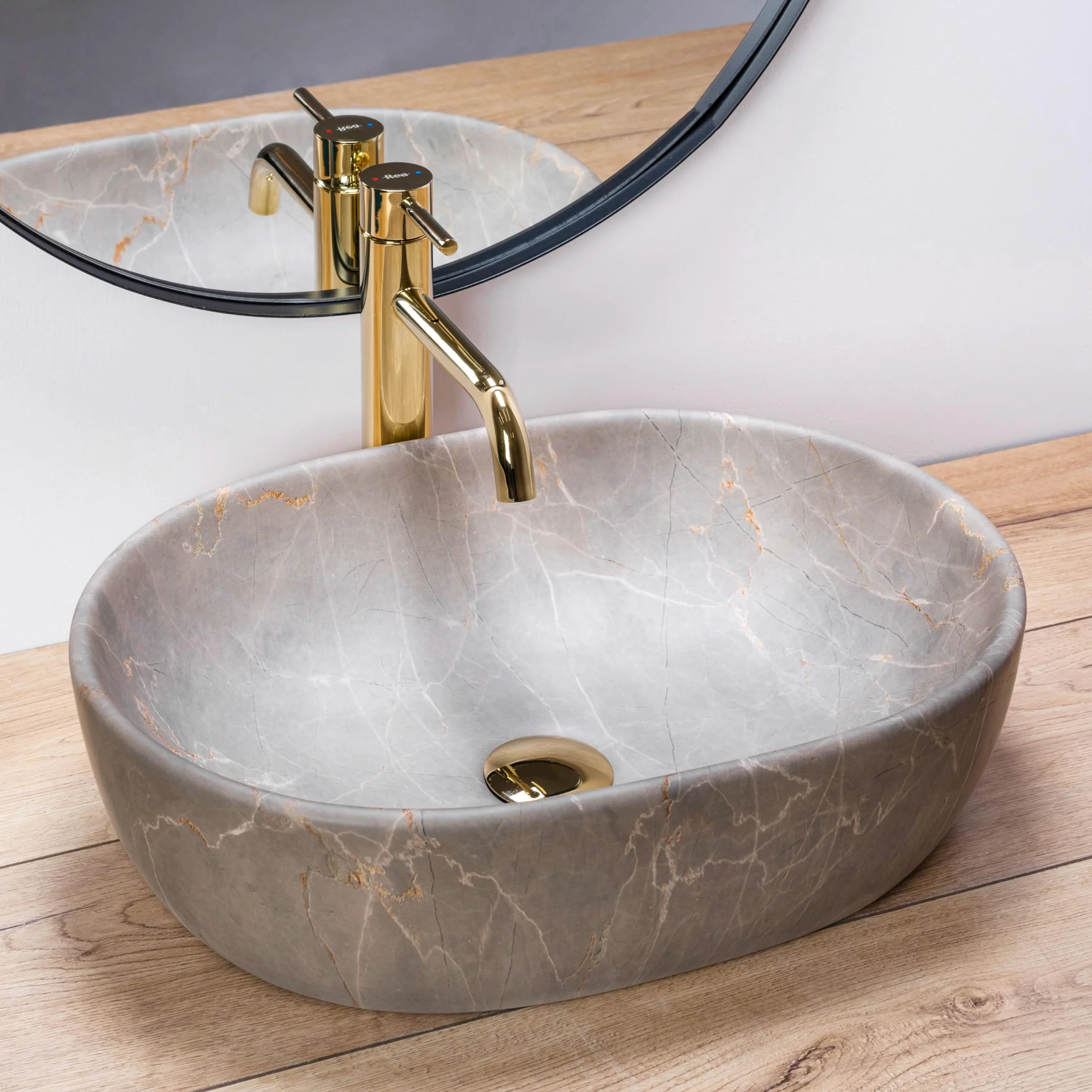 Rea - Lavabo Da Appoggio Lara Beige Lavabo Bagno 485 X 350 X 135 mm In Ceramica (Marrone, Imitazione Marmo)