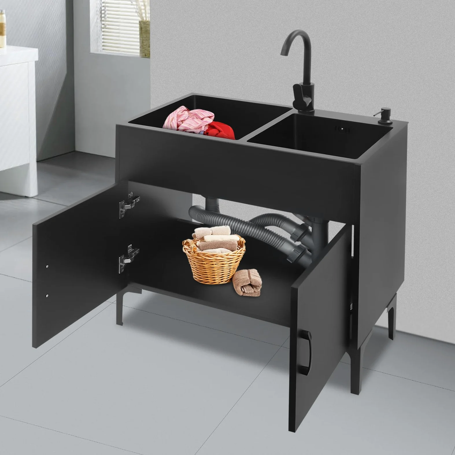Lavello da cucina autoportante con base e rubinetto, in acciaio inox con 2 vasche scolapiatti e scarico, per cucina, giardino, esterno, officina, lavanderia, campeggio (nero)