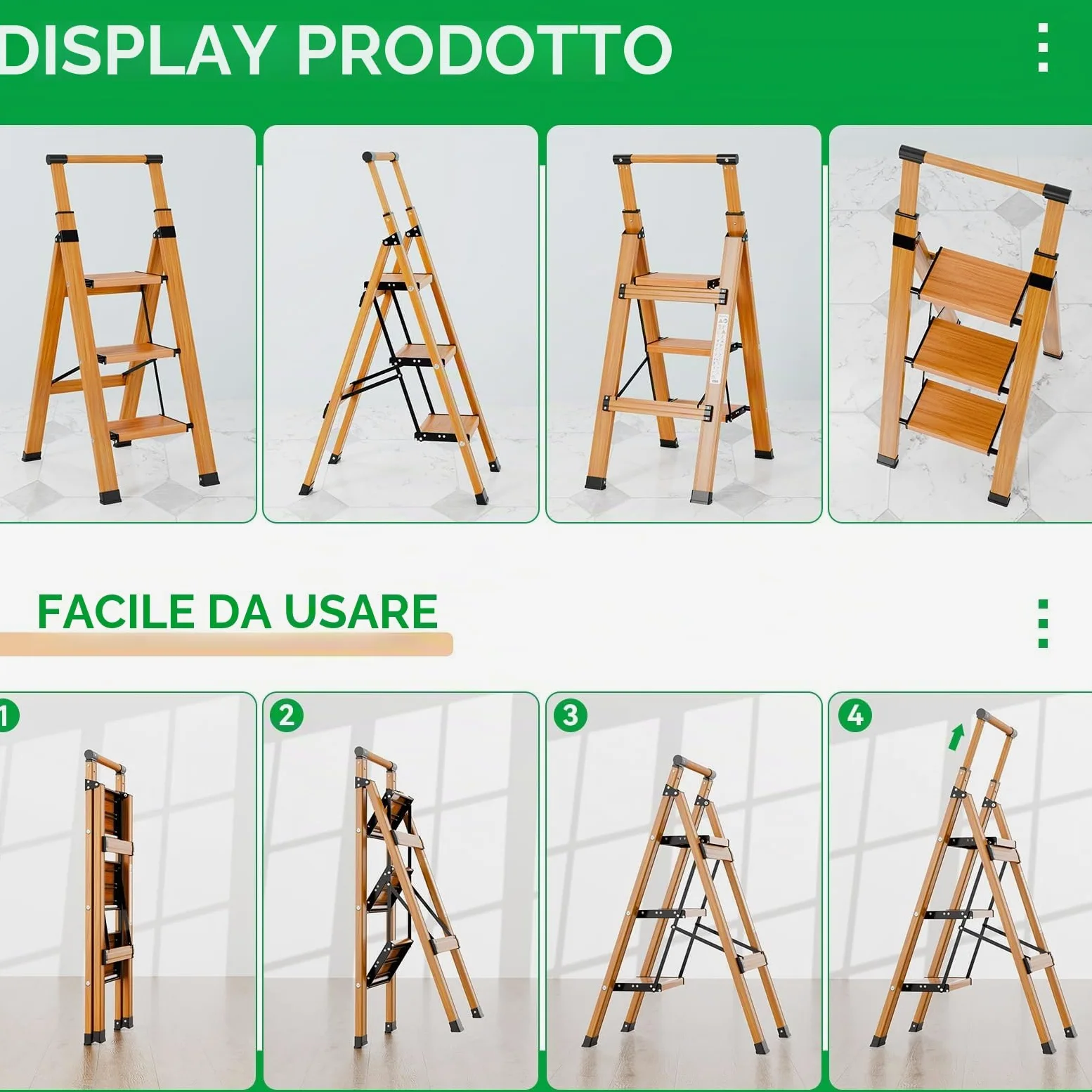 KULACO Scala multifunzione a 3 gradini antiscivolo, venature in legno, alluminio, fino a 150 kg