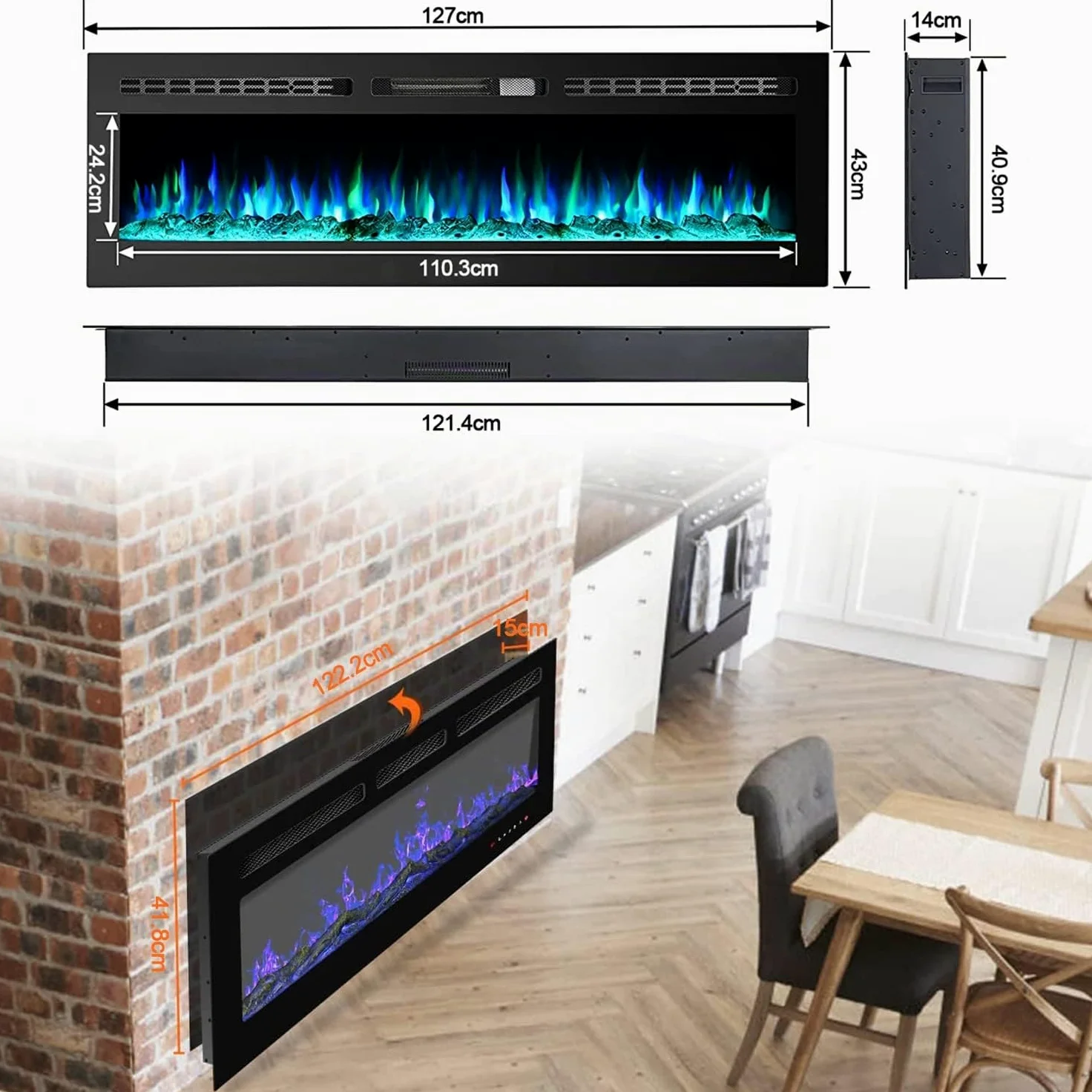 M.C.Haus Camino Elettrico Touch Screen Pannello in Vetro con Inserto a Fiamma Colorata Riscaldatore a Parete Telecomando con Crystal LogSet,900W/1800W (127 cm)
