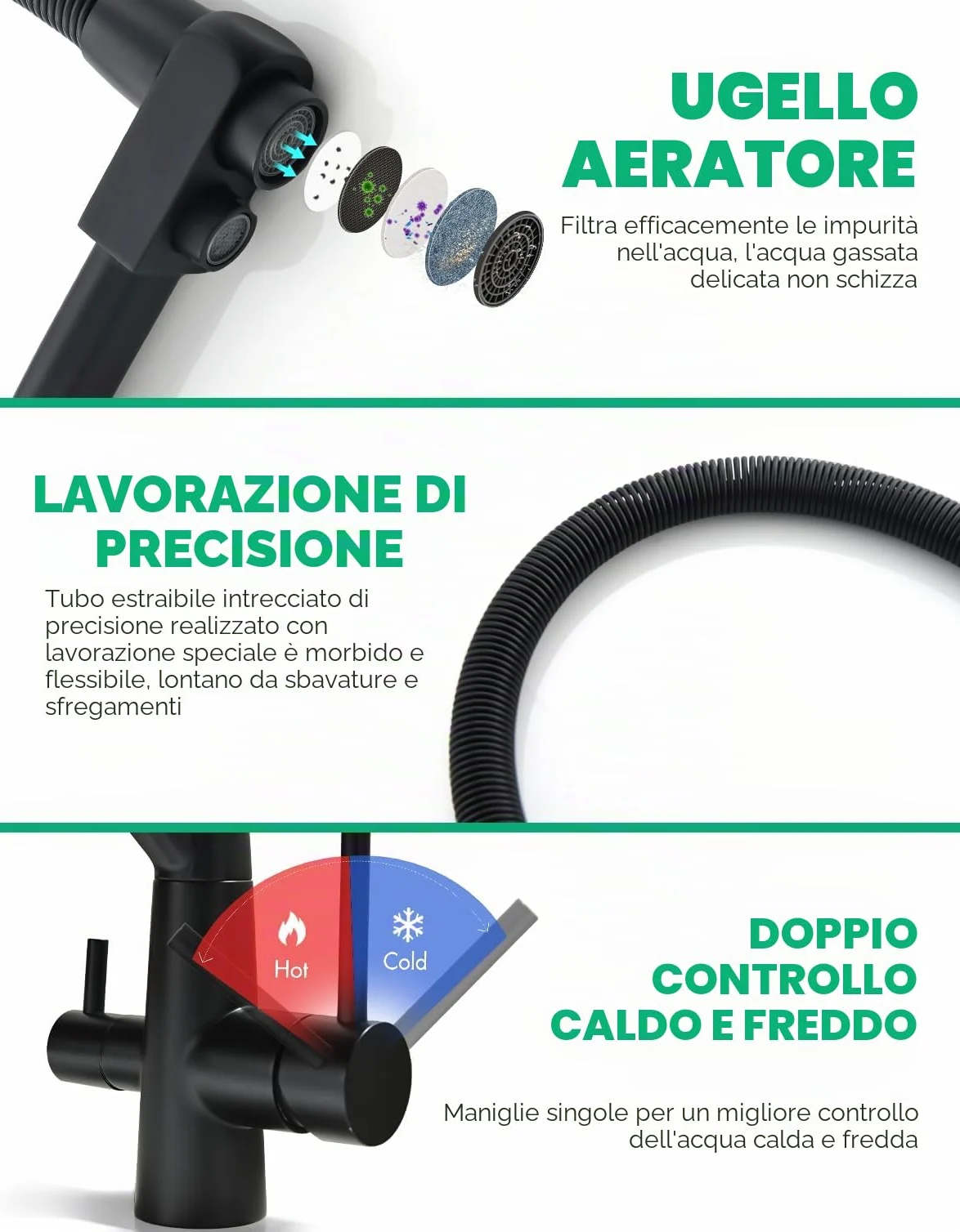 TIMACO - Rubinetto da cucina nero a 3 vie, girevole a 360°, con rubinetto 3 in 1 per filtro dell'acqua, con molla a spirale, con doppia leva, ad alta pressione