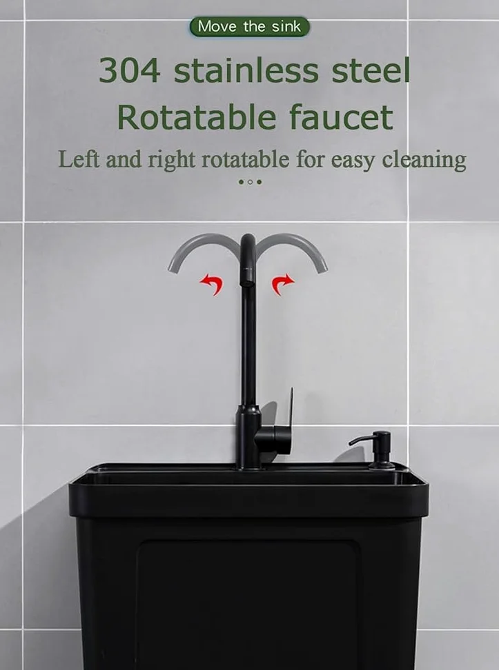 Lavandino autoportante in plastica resistente con rubinetto girevole e dispenser di sapone, grande stazione di lavaggio e drenaggio per lavanderia, cantina, garage (colore: bianco)
