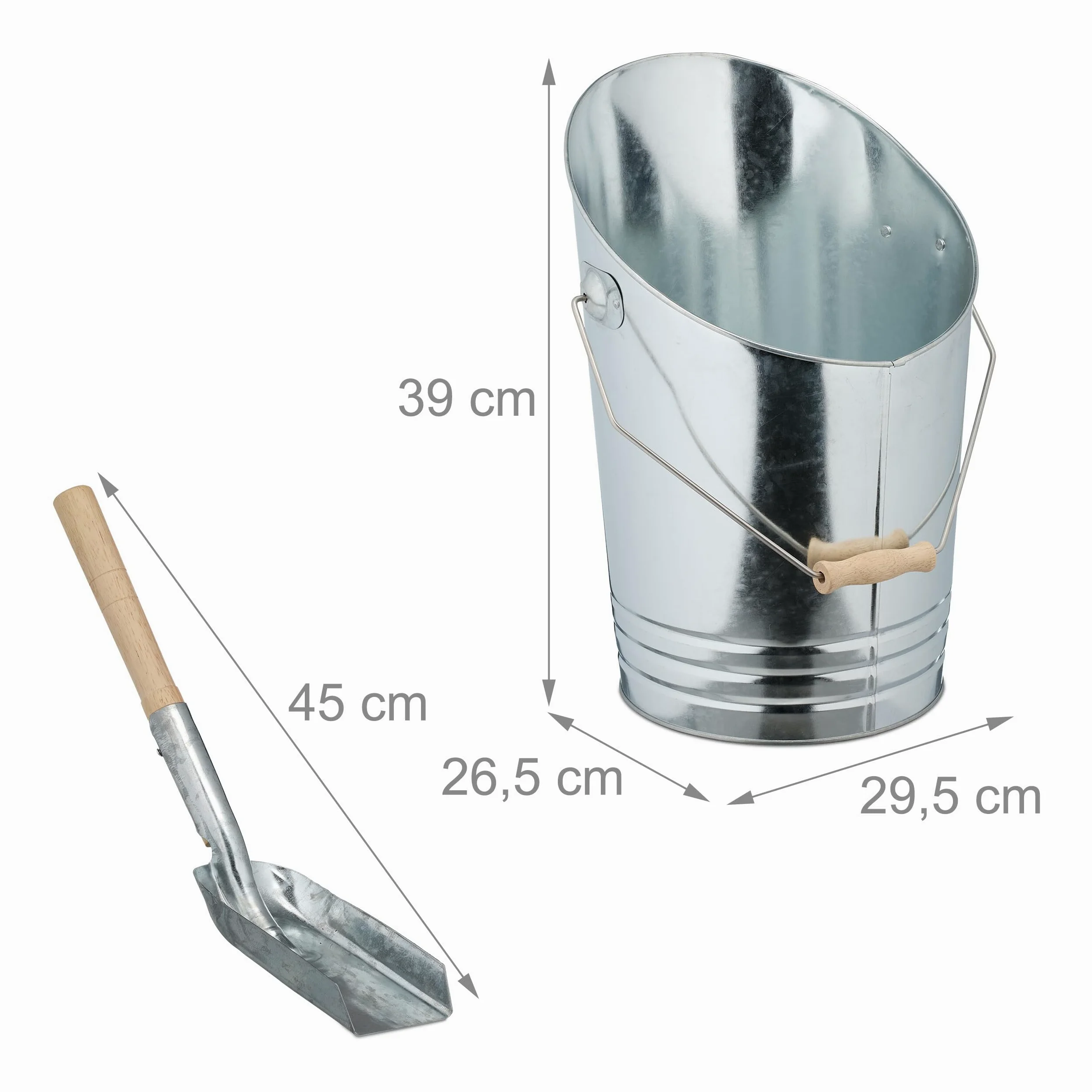 Relaxdays Secchio Raccogli Cenere con Manico e Pala, Cesto Carbone 10 L, Secchiello per Camino e Stufa, Ferro, Argento