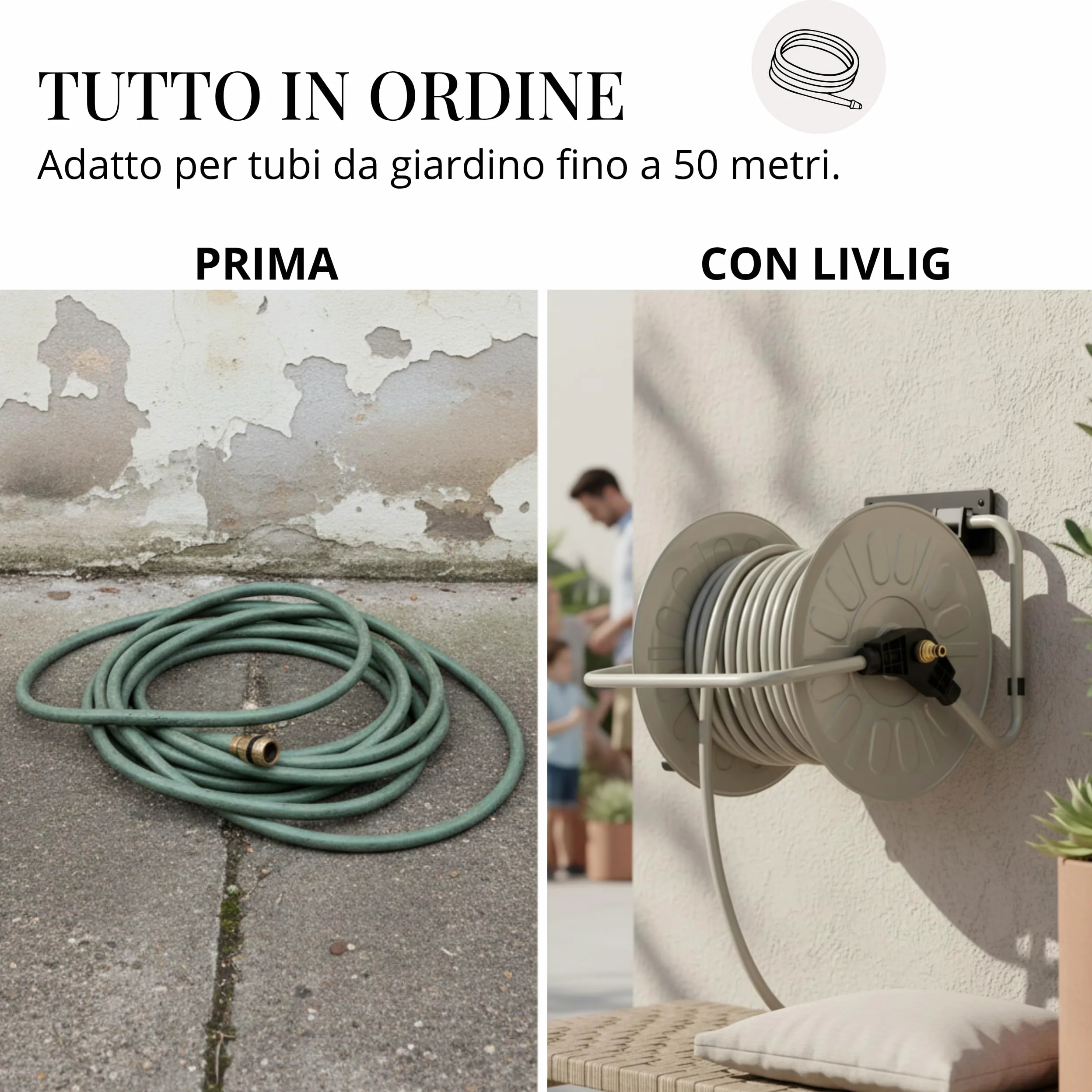 LIVLIG - Avvolgitubo in metallo, fino a 50 metri, tubo da giardino, 1/2", supporto per tubo da giardino, per montaggio a parete, Greige