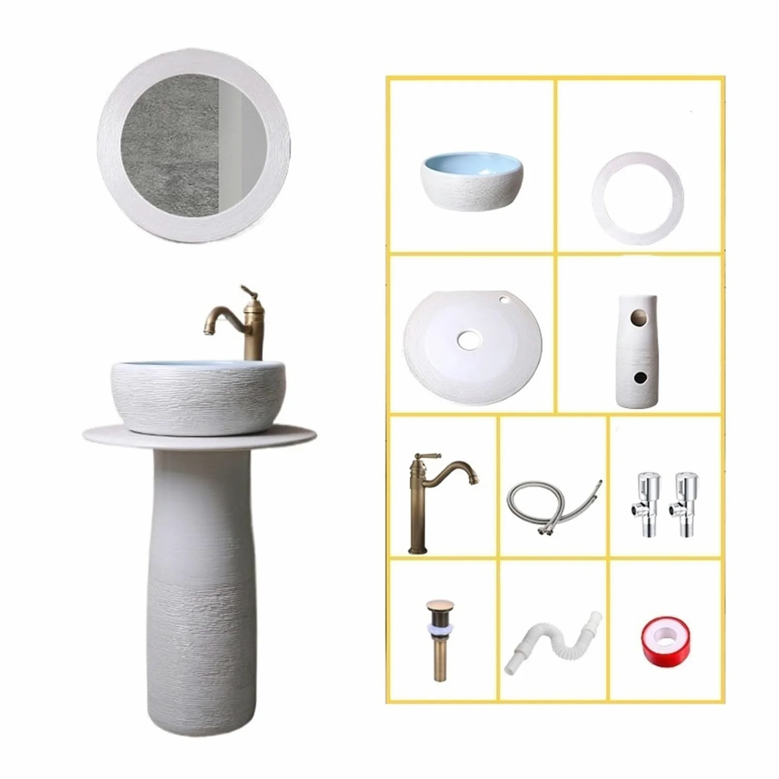 Lavabo su Colonna da Bagno in Ceramica con Rubinetto, Set di Scarico e Specchio - Piedistallo per Interni ed Esterni