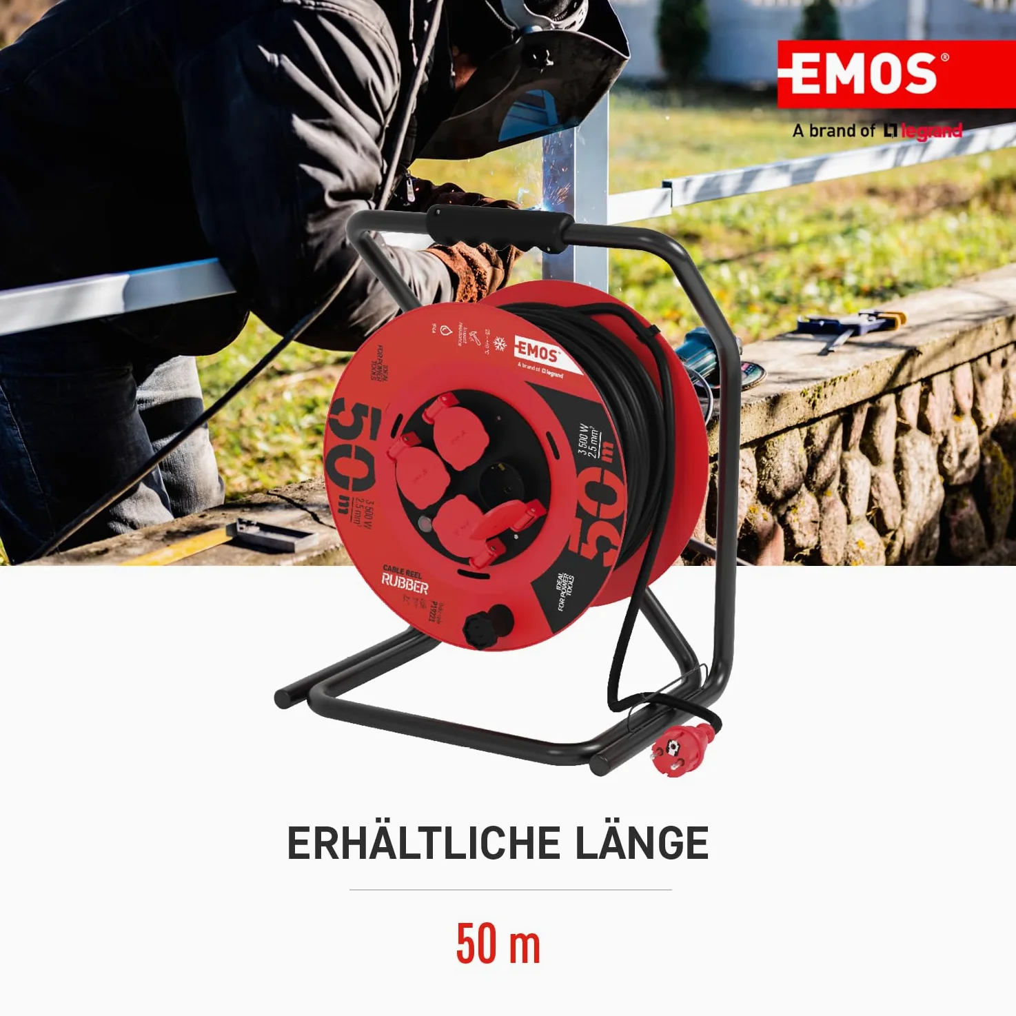 EMOS - Avvolgicavo da 50 m - 4 prese Schuko - impermeabile, resistente agli urti, resistente alle temperature - 230 V, 15 A, 3500 W - Isolamento in gomma - H05RR-F 2,5 mm2 - IP44 per esterni