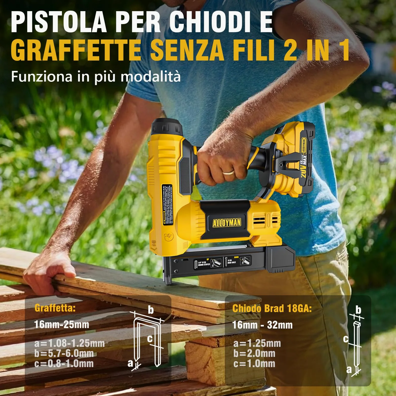 Alloyman 20V MAX Sparachiodi Chiodatrice Brad a Batteria, 2-in-1 18GA Pistola Sparachiodi Elettrica Calibro, 1000 chiodi e 500 punti metallici inclusi, per fai da te e lavori in legno