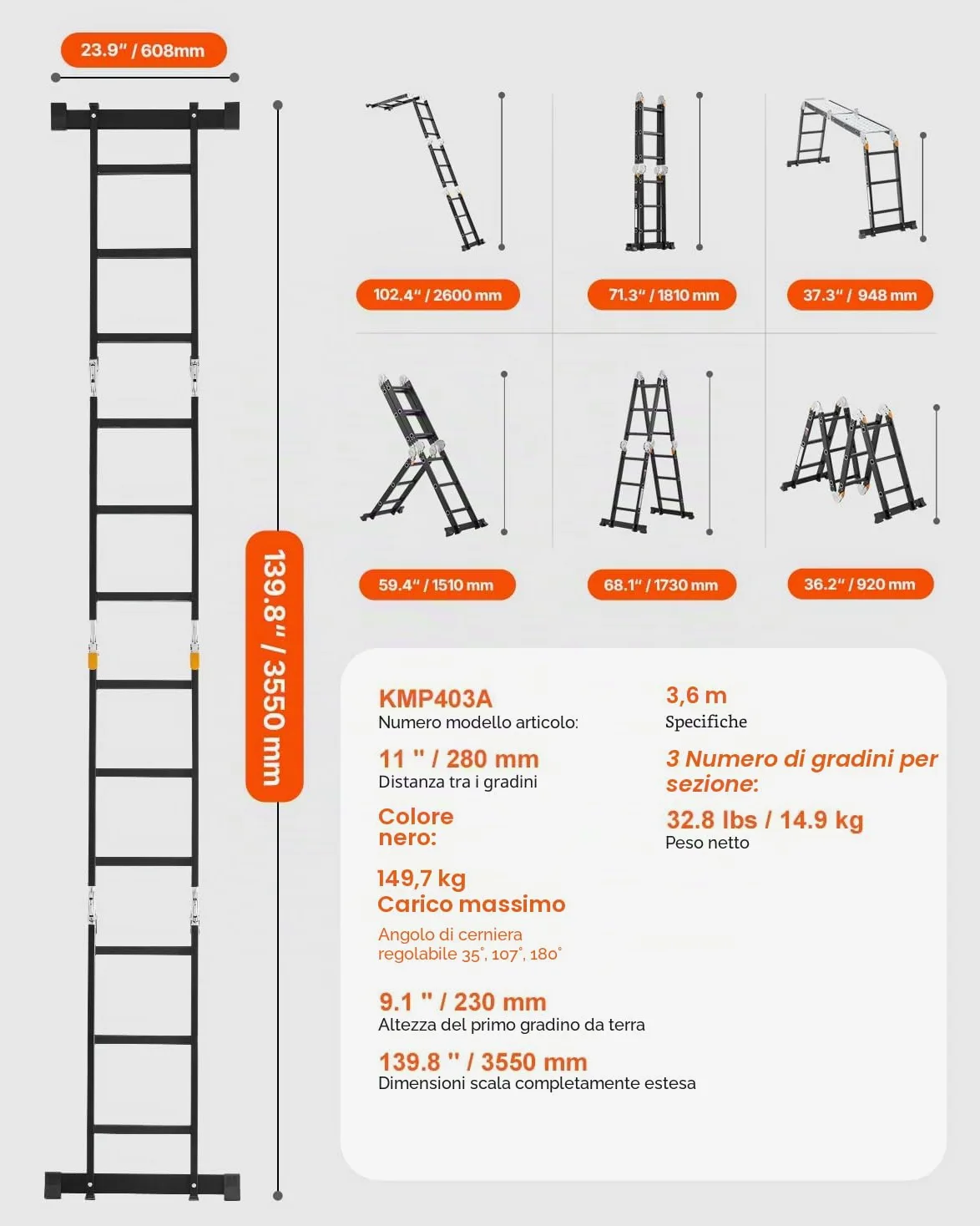 VEVOR Scala Pieghevole Multiuso, Scala a Pioli Estensibile Alta, Struttura a A con 3 Gradini e Scala Telescopica per Ponteggi, Altezza 3,7 m, Scala per Impieghi Gravosi, Capacità 149,7 kg per Casa