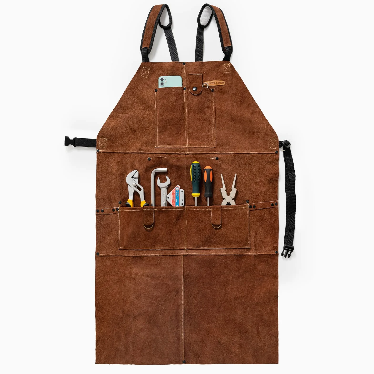 YESWELDER Grembiule da saldatura in pelle con 6 tasche Grembiule da saldatore in pelle bovina resistente al calore e alla fiamma, regolabile per saldatori, uomini e donne, lunghezza 1 m