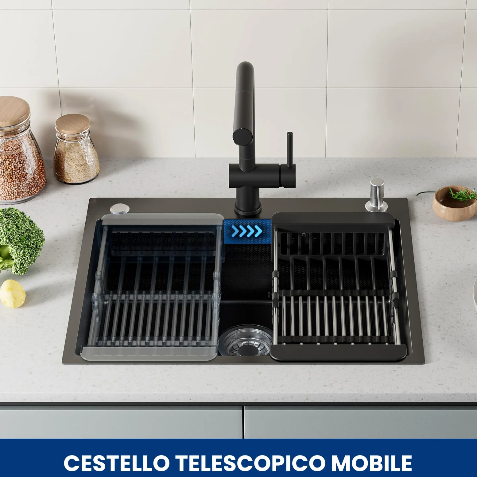 CECIPA 60x49 cm Lavello Nero 1 Vasca in Acciaio Inox, Lavandino Cucina 1 Vasca con Dispenser Sapone e Cestello, Lavello Cucina per Mobile da 60cm, da Incasso o Banco, con Sifone e Scarico