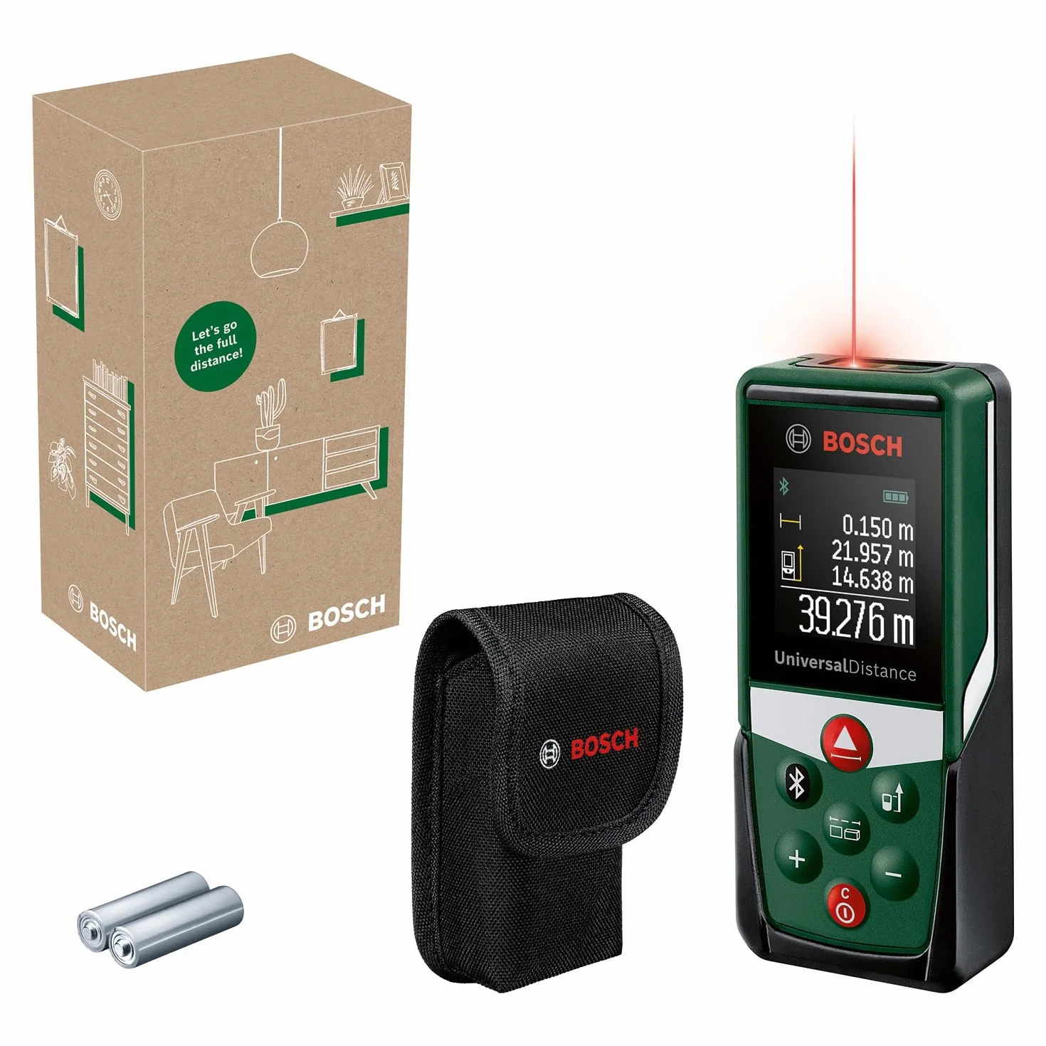 Bosch Metro Laser Distanziometro Laser UniversalDistance 50C (misura distanze fino a 50 m con precisione, connettività Bluetooth, funzioni di misurazione, in scatola di cartone E-Commerce)