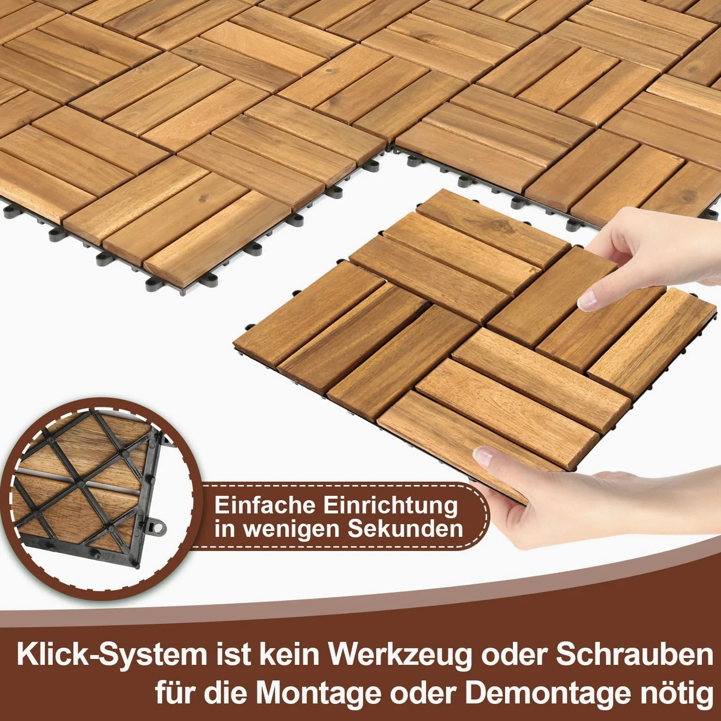 Piastrelle in legno per terrazze, 110 piastrelle per 10 m², 30 x 30 cm, piastrelle per balconi resistenti agli agenti atmosferici con sistema di drenaggio, in legno di acacia con sistema di