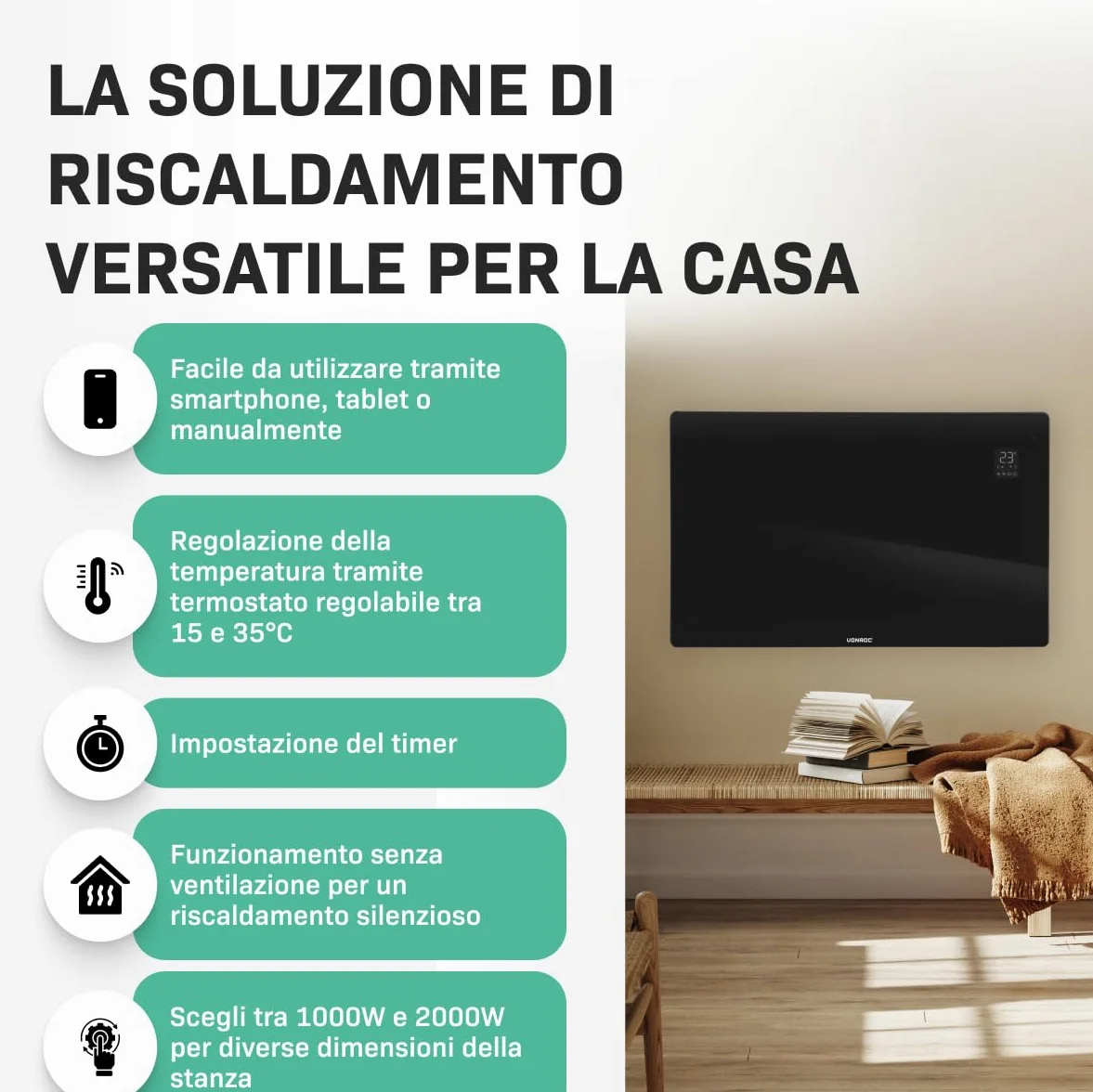 VONROC Riscaldatore elettrico di lusso | Termoconvettore smart a pannello in vetro - 2000W - | Controllo manuale e Wifi Nero