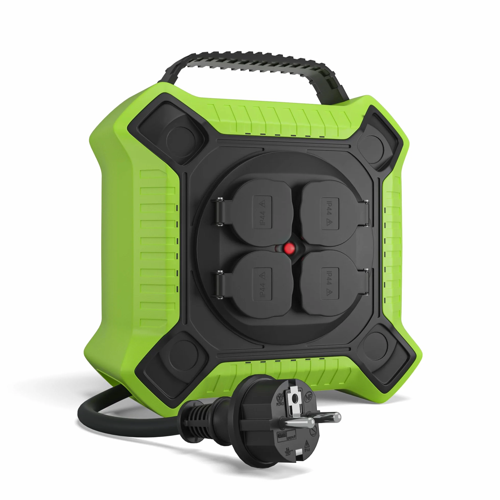 MutecPower Prolunga elettrica 15 metri IP44 Avvolgicavo elettrico SCHUKO con 4 prese di corrente protette per uso esterno, Prolunga avvolgibile 15 metri da esterno H05RR-F 3G1,5 Nero/Verde