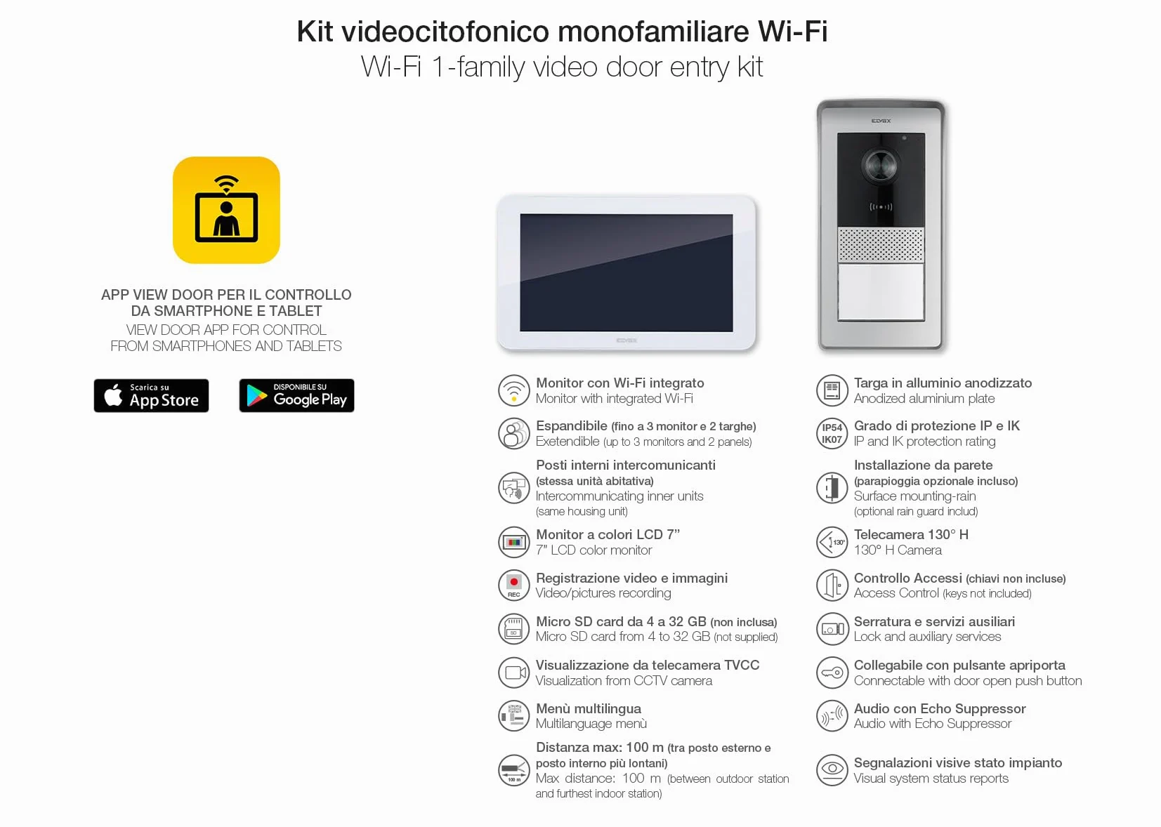 Vimar K42955 Kit videocitofono WIFI monofamiliare, alimentatore barra DIN, touch screen vivavoce Wi-Fi a colori LCD 7", targa audiovideo RFID