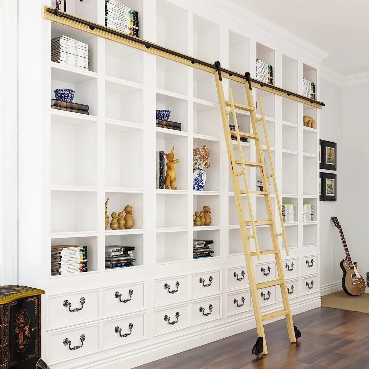 Rolling Ladder Hardware Library Kit di ferramenta per Scala Scorrevole, Hardware per Scala di rotolamento in Acciaio Nero, Home Office Library Kit di binari scorrevoli in Stile fienile (con
