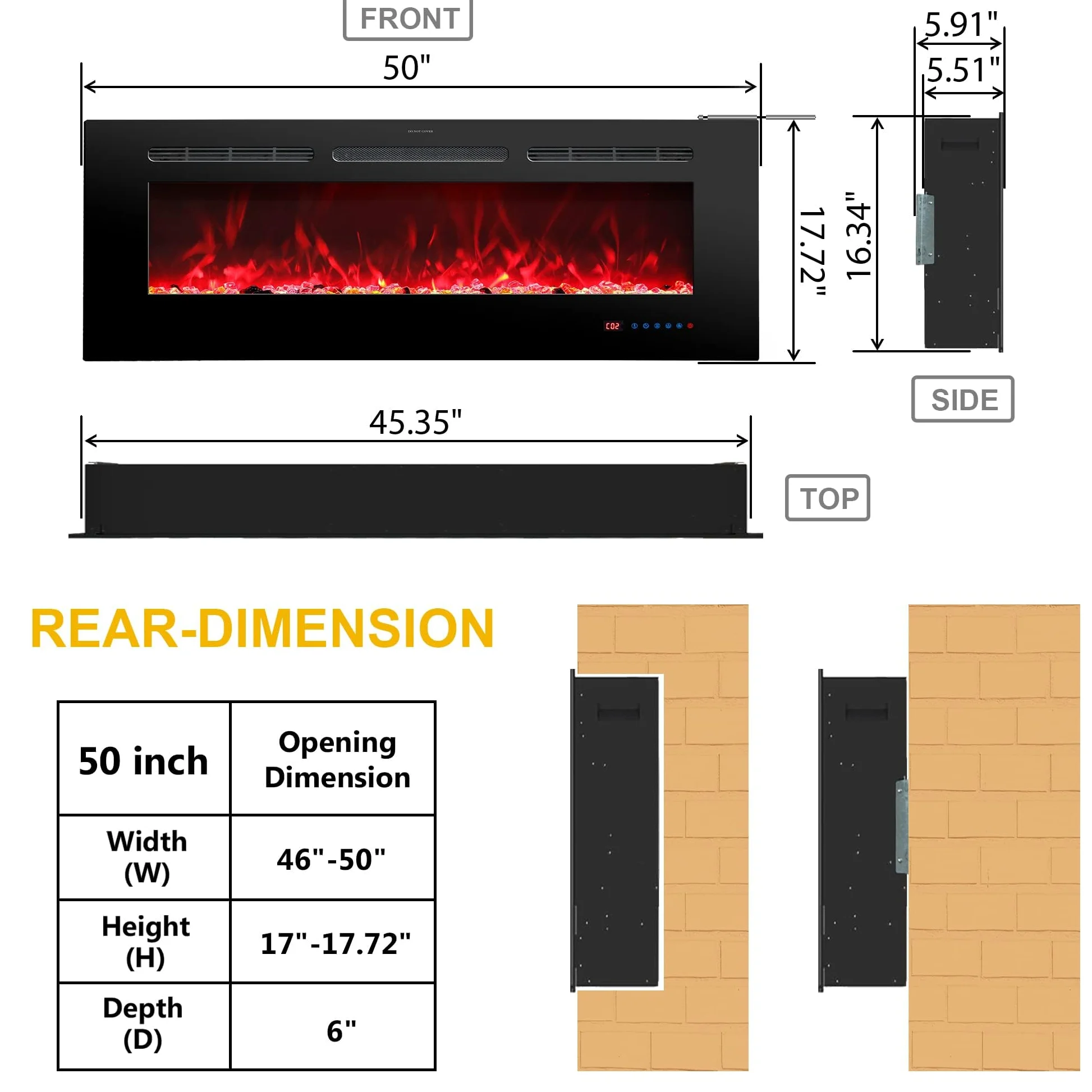 127 cm, 50 camini elettrici, da incasso e da parete, per interni con telecomando, 13 fiamme di colore con legno e cristallo, timer 9H