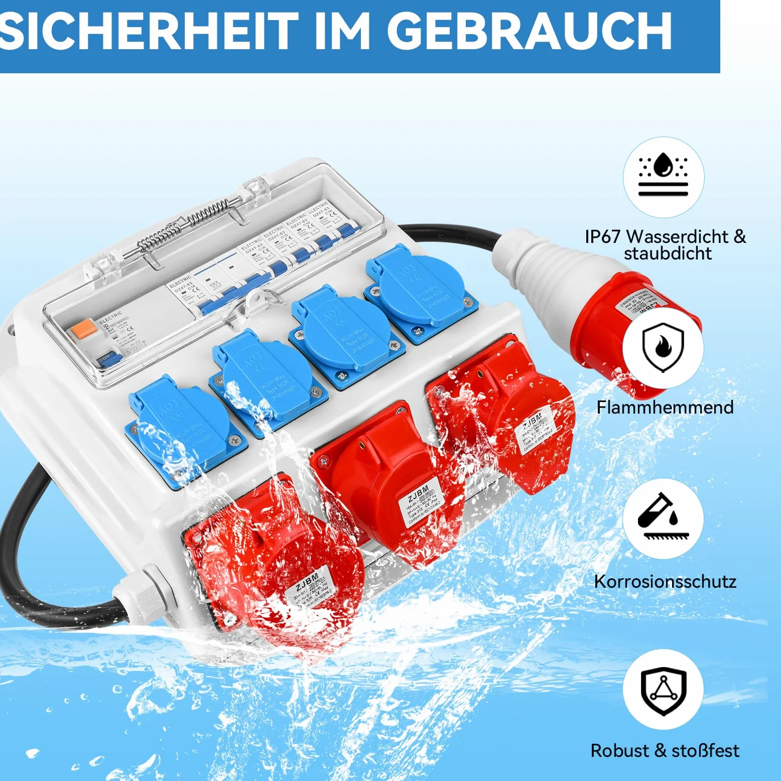 Distributore di corrente da parete, completamente cablato con 4 x 230 V Schuko, CEE 16 A e 32 A, interruttore FI, interruttore LS, alloggiamento impermeabile IP67, per esterni e officine