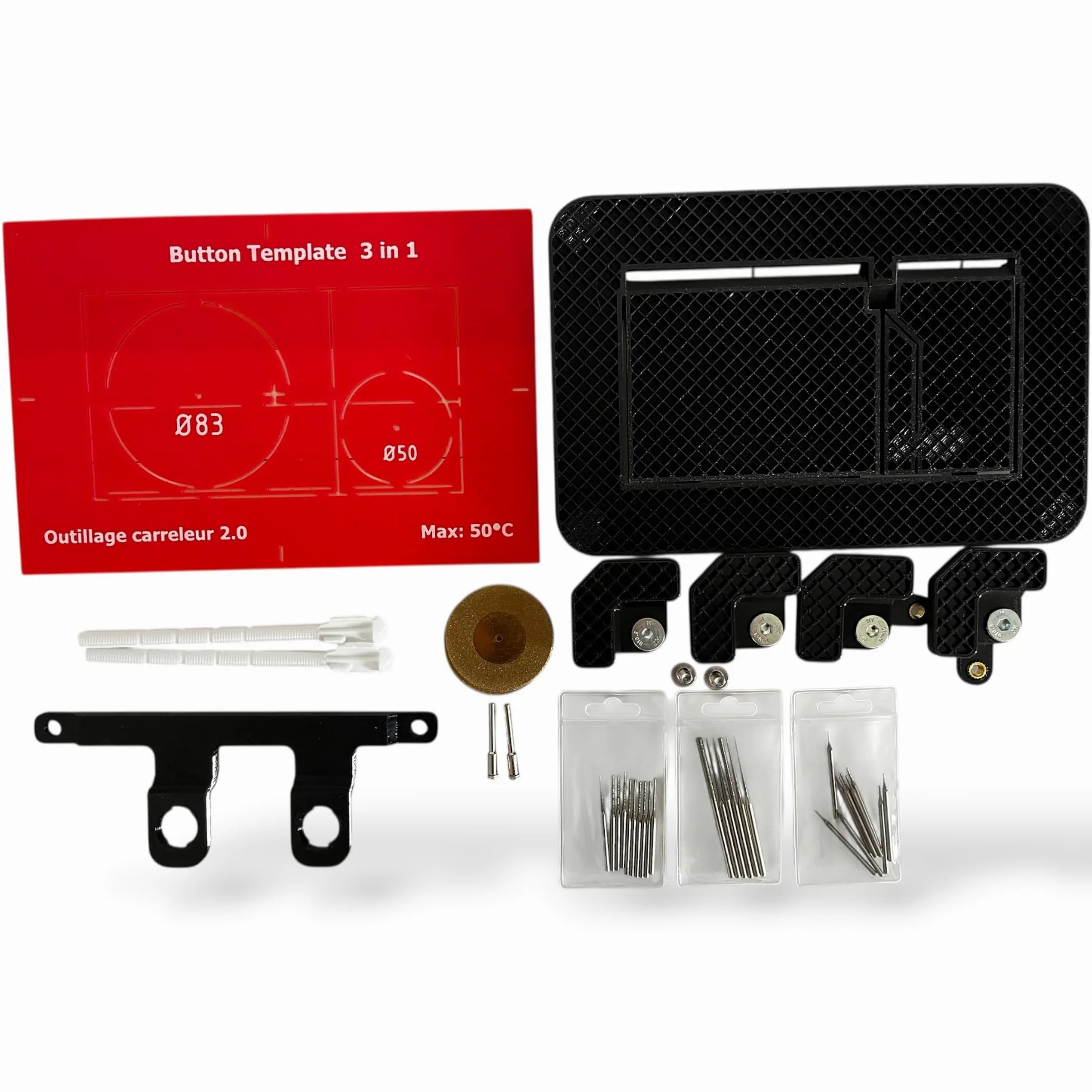 Kit piastra di innesco a piastrella + supporto e pulsante Eco – compatibile Geberit Sigma – modello magnetico con dischi e aste diamantate – installazione rapida – Outillage Carreleur 2.0