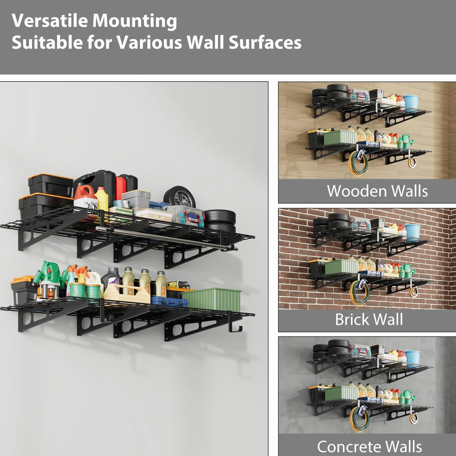 Set 2 Mensole Porta Attrezzi Da Parete Per Garage – Scaffali Industriali in Metallo, Portata 800kg – Ideale Per Officina, Magazzino, Cantina – Organizzazione Spazi, 2x4/2x6 ft