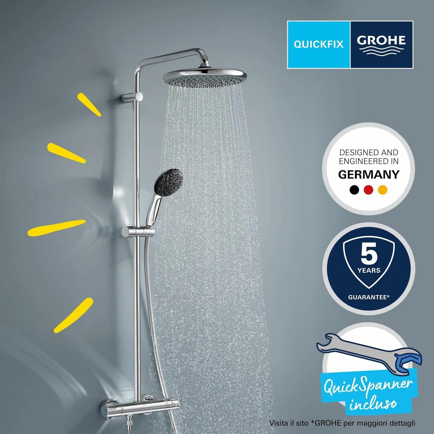 GROHE Vitalio Start 250 Colonna Doccia con Termostatico (soffione tondo 25 cm, doccetta 2 getti, termostatico, risparmio idrico), Cromo, 26677001