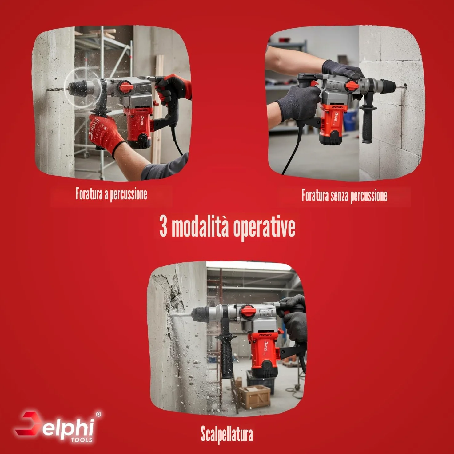 Delphi Martello Demolitore SDS Plus 2200W, Trapano a Percussione 3 Funzioni, 4J Energia d’Impatto, con Custodia, Punta e Scalpello, Cavo da 2,8m, Set di Accessori