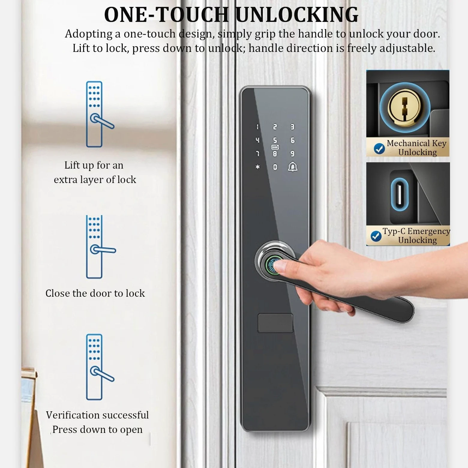 Serratura Per Porta D'ingresso Senza Chiave Con Maniglia, Controllo Tramite APP TTLock - Serratura Di Sicurezza Intelligente Con Impronta Digitale Per Porta D'ingresso, Facile Installazione