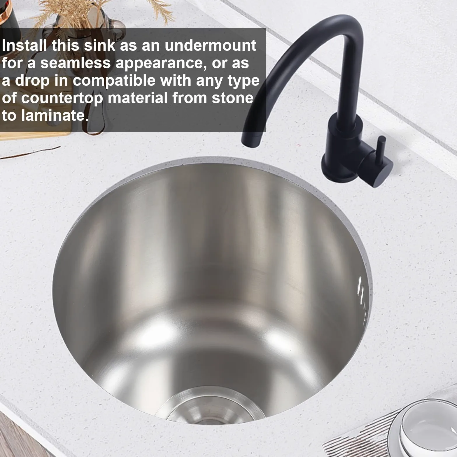 Mini Lavello da Rotondo, Lavabo da Bar in Acciaio Inossidabile, Raccordo per Tubo di Scarico Diametro 30 Cm Estremamente Resistente Drenaggio Eccellente Lavello Design a
